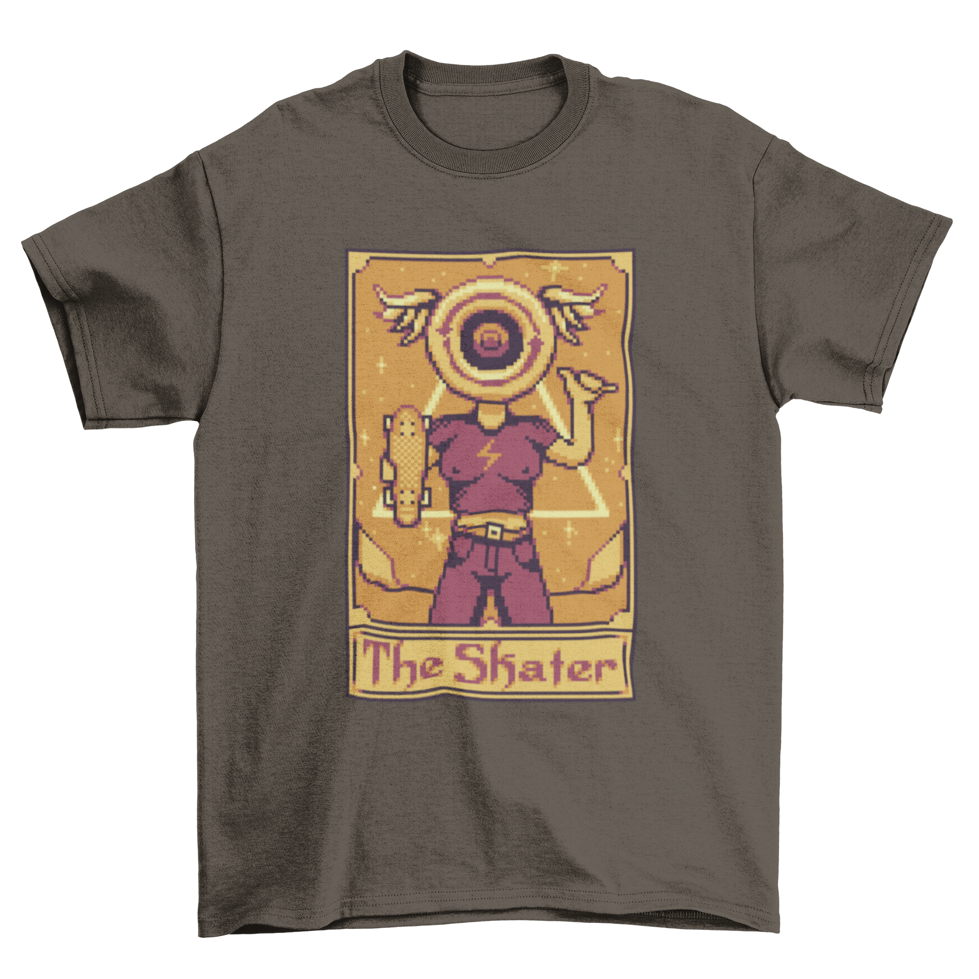 Pixel art t-shirt featuring a tarot card design with a skateboarder, showcasing vibrant colors and intricate details.