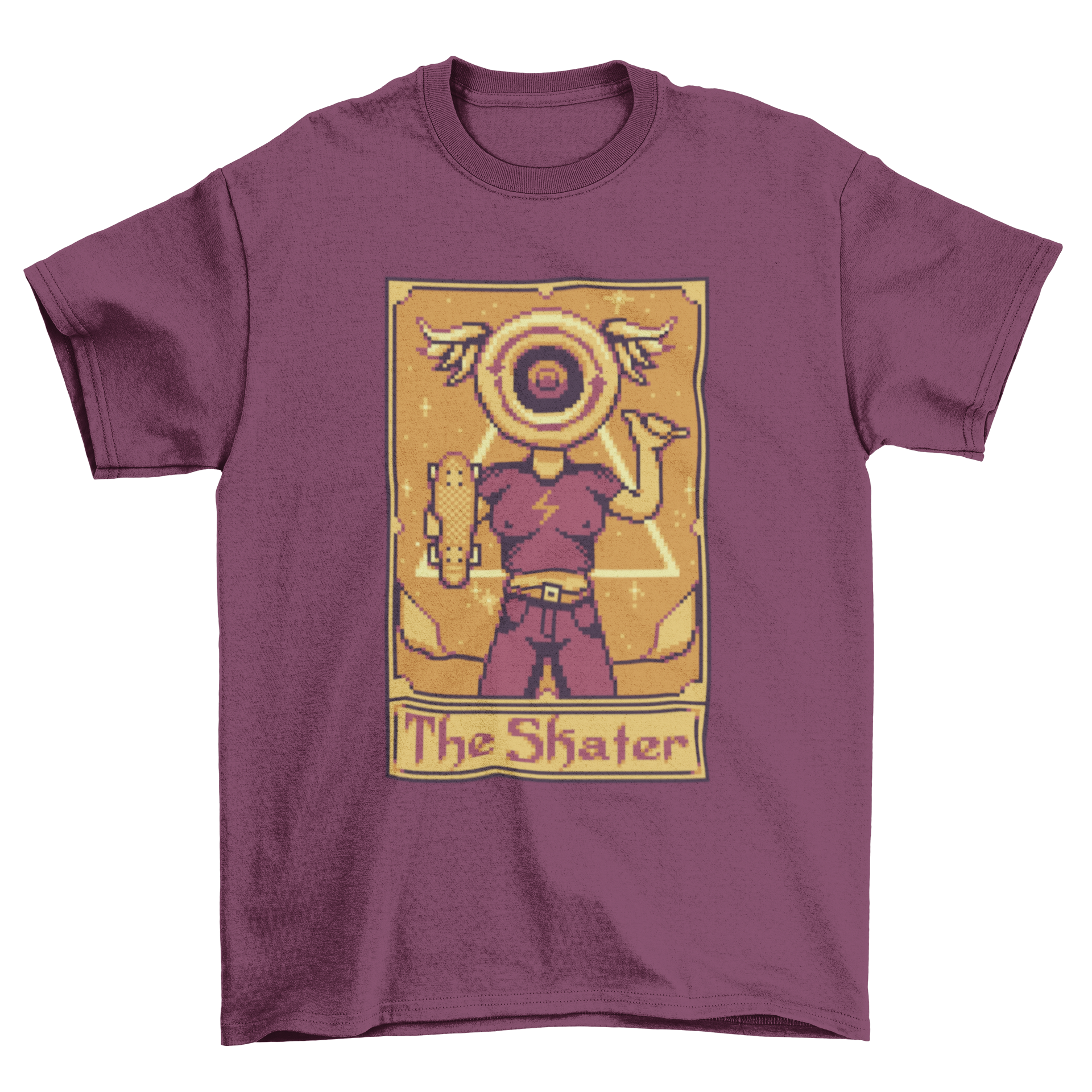 Pixel art t-shirt featuring a tarot card design with a skateboarder, showcasing vibrant colors and intricate details.