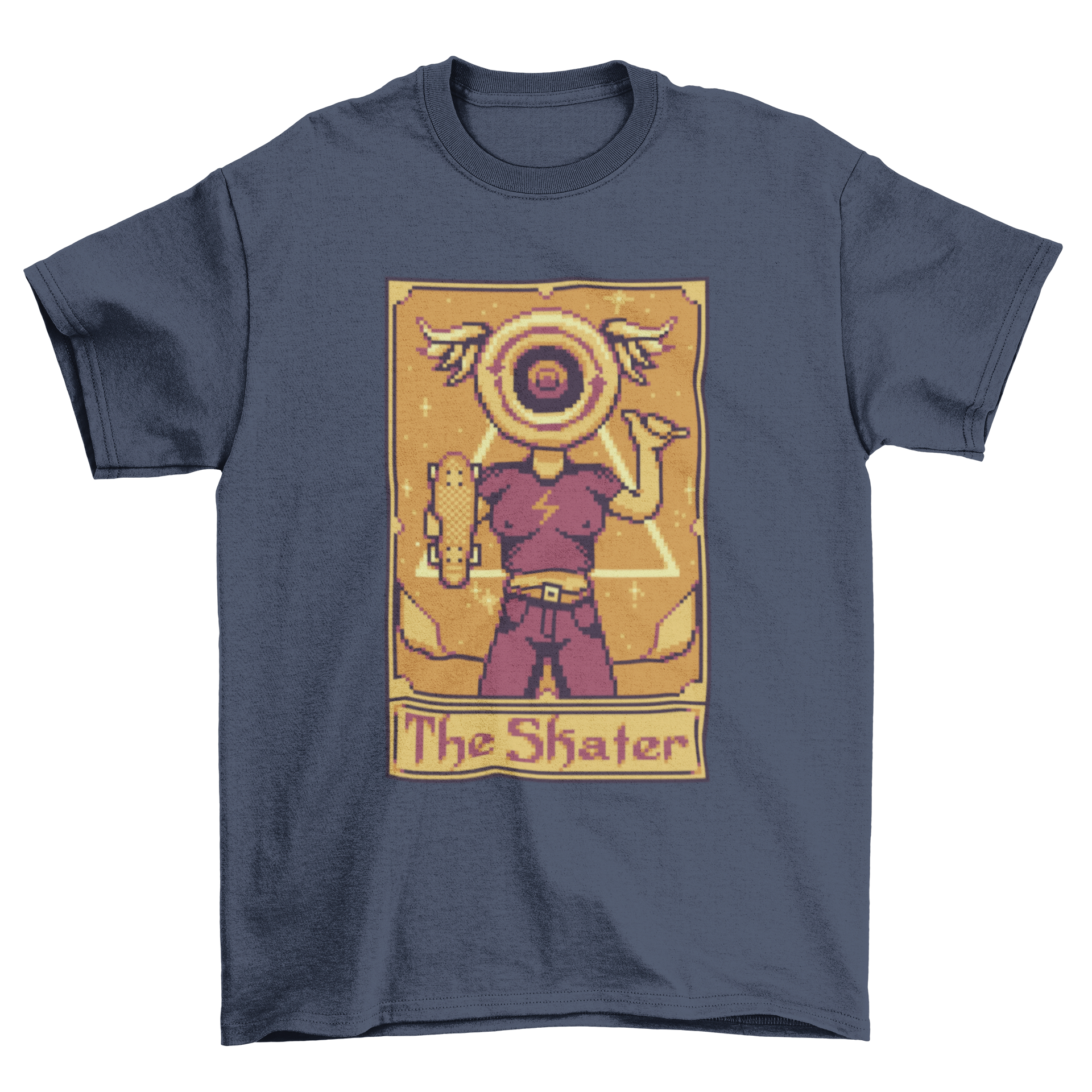 Pixel art t-shirt featuring a tarot card design with a skateboarder, showcasing vibrant colors and intricate details.