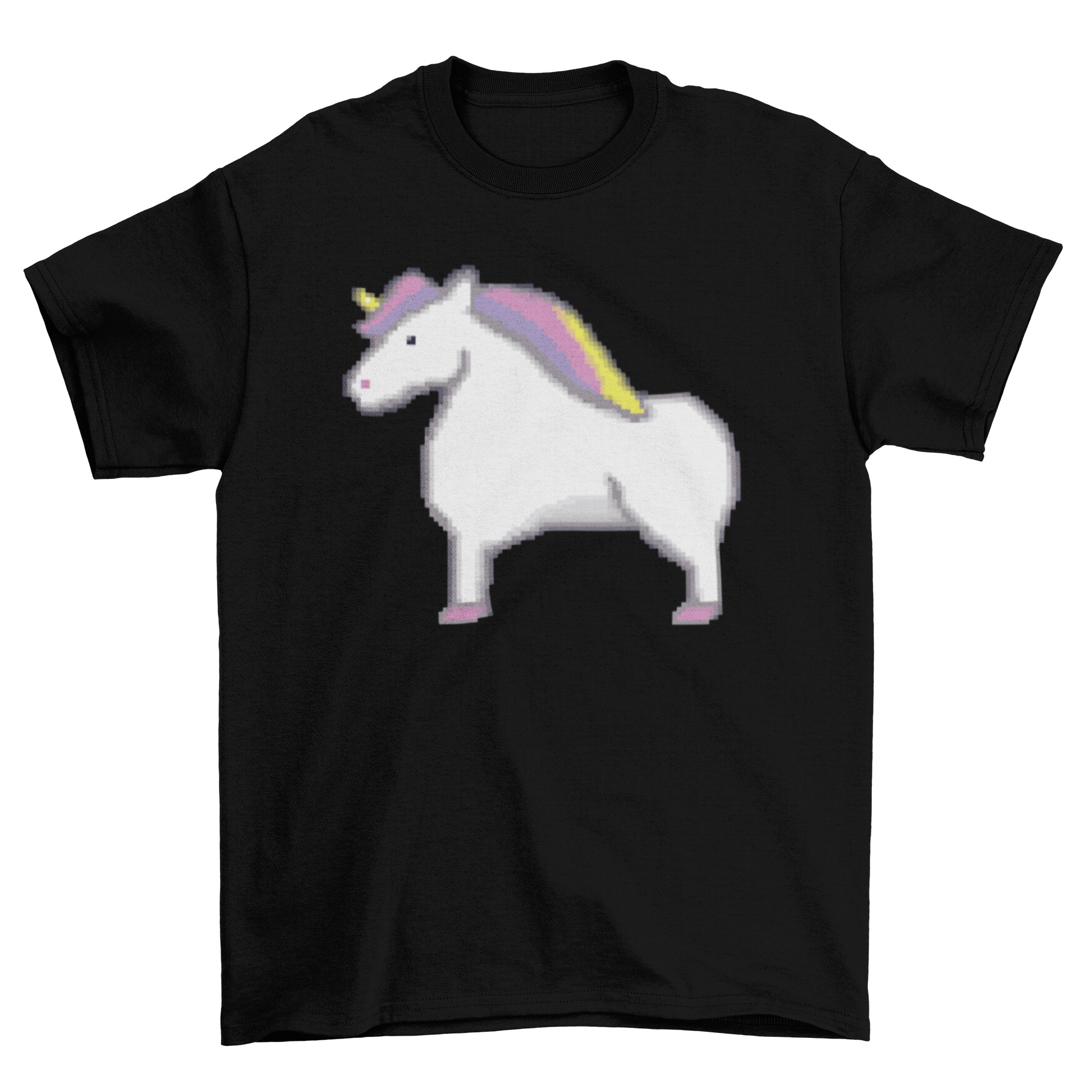 A colorful pixelated unicorn illustration on a stylish t-shirt, showcasing a whimsical design.