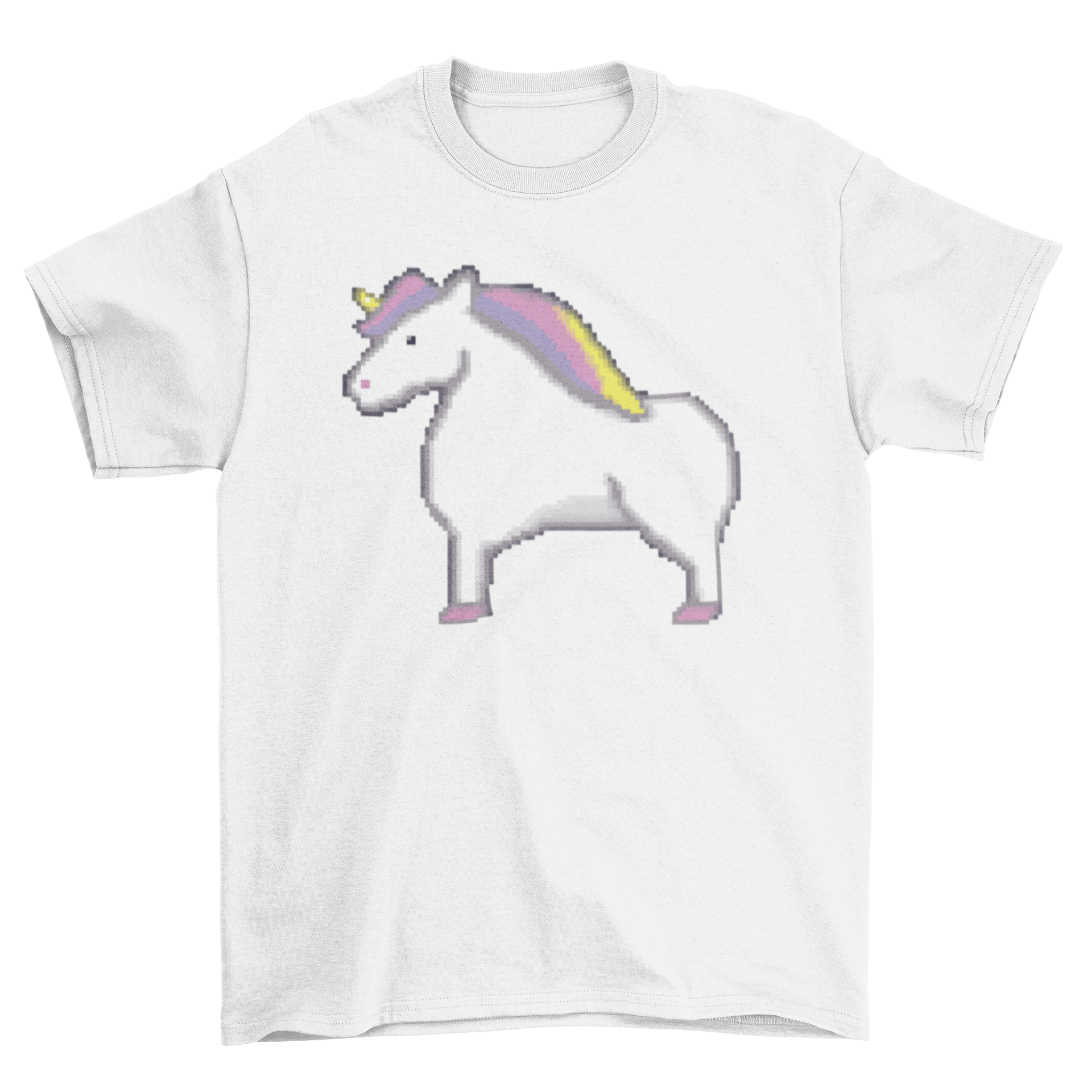 A colorful pixelated unicorn illustration on a stylish t-shirt, showcasing a whimsical design.