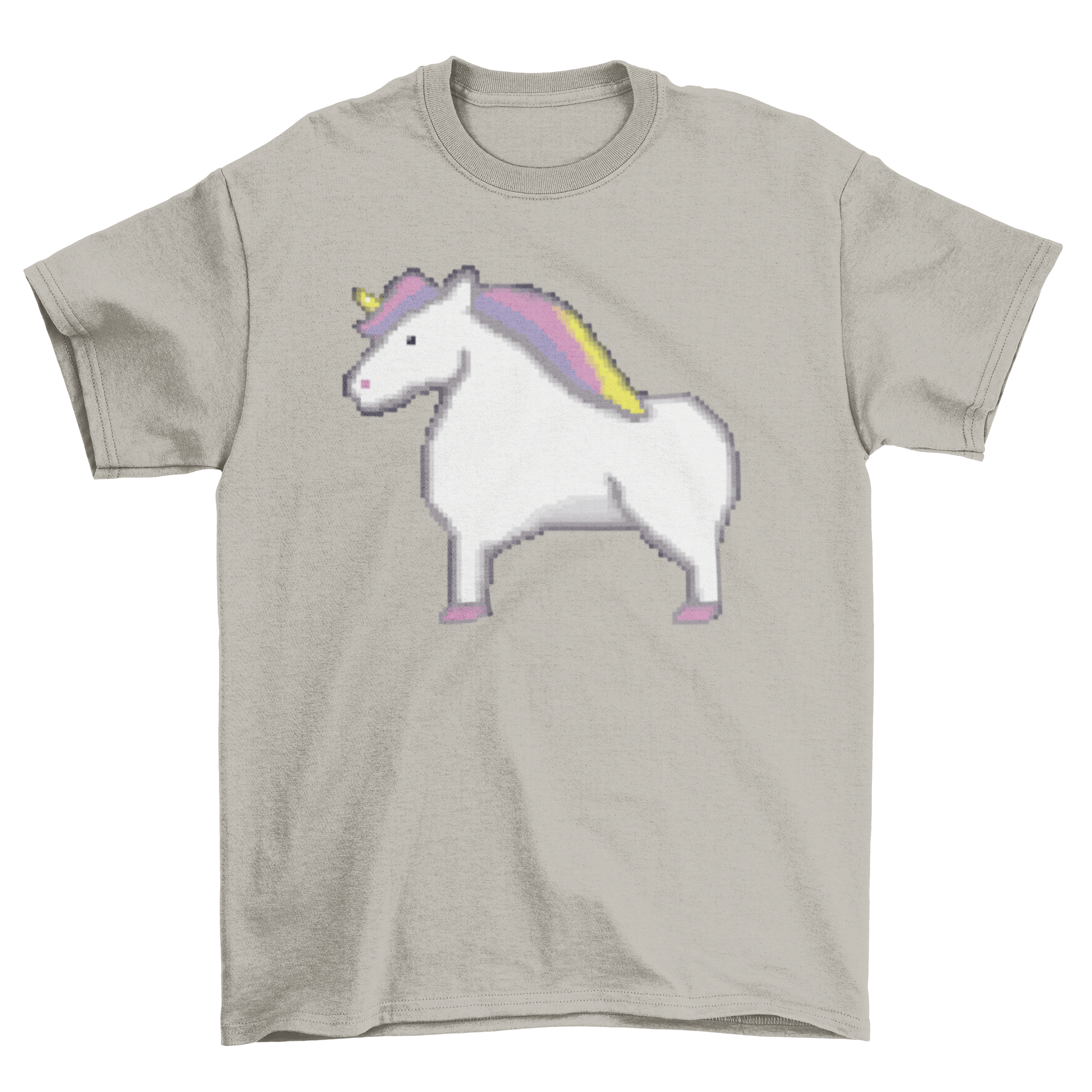 A colorful pixelated unicorn illustration on a stylish t-shirt, showcasing a whimsical design.