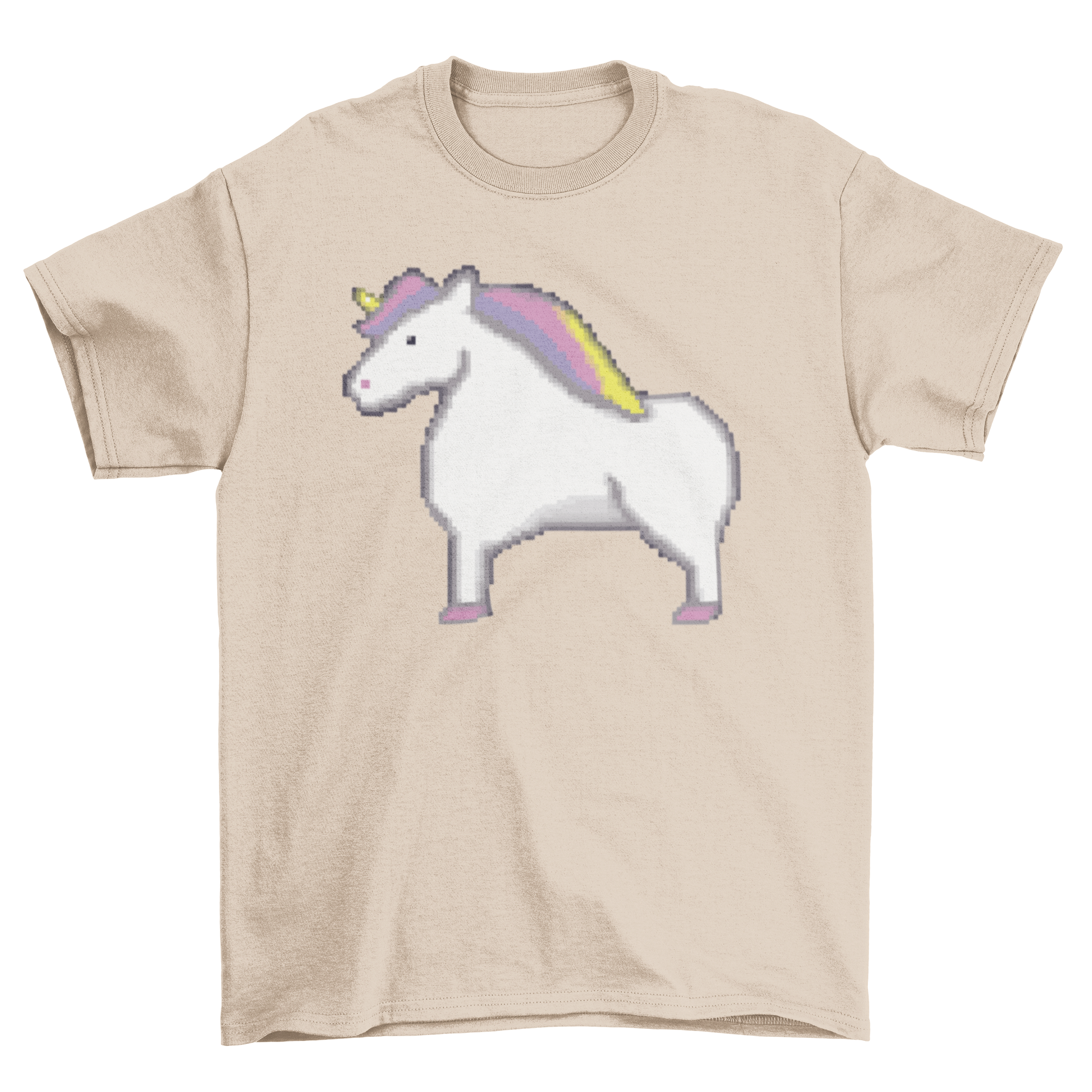 A colorful pixelated unicorn illustration on a stylish t-shirt, showcasing a whimsical design.