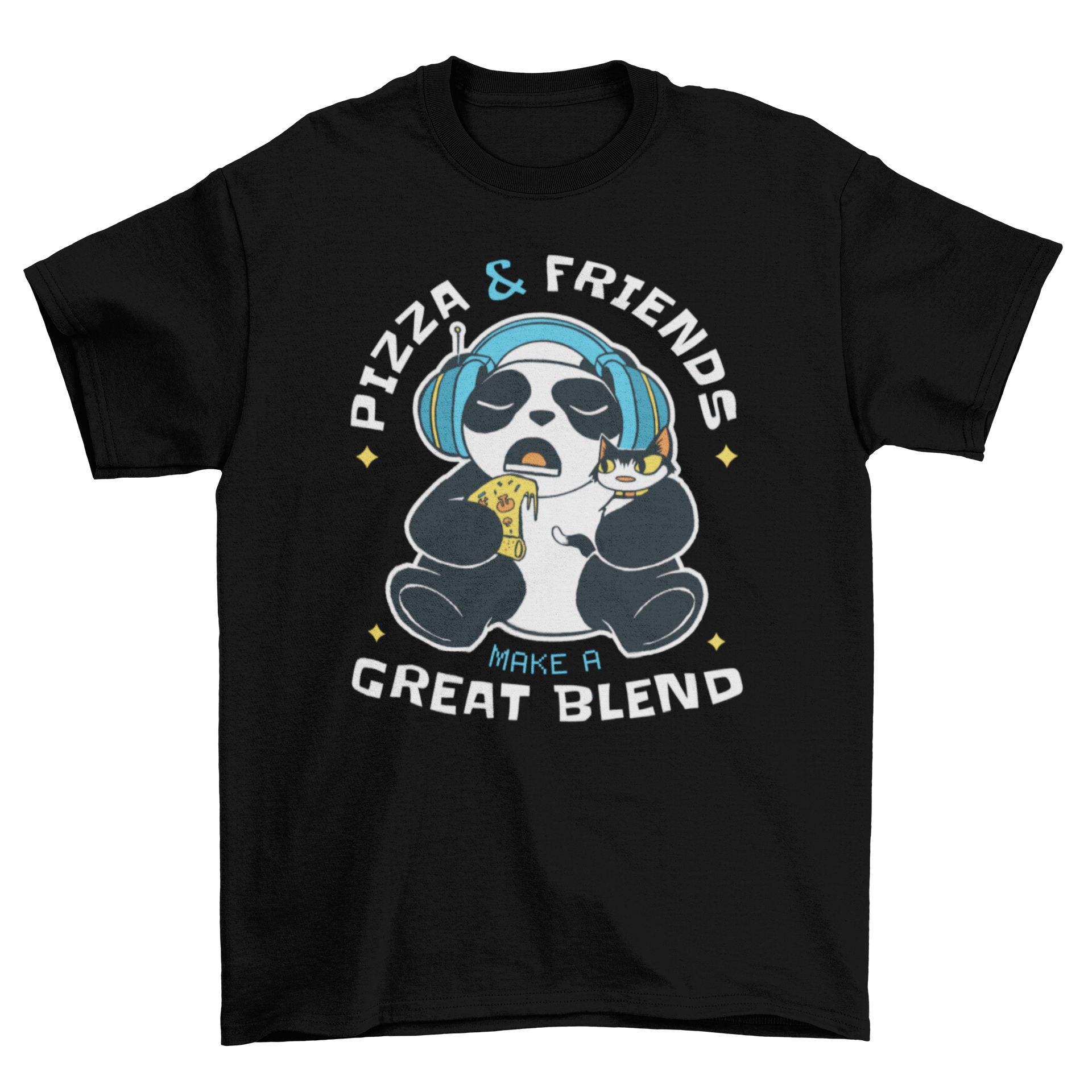 A playful t-shirt featuring a panda with headphones, holding a kitten and eating pizza, with the quote 'Pizza & friends make a great blend'.