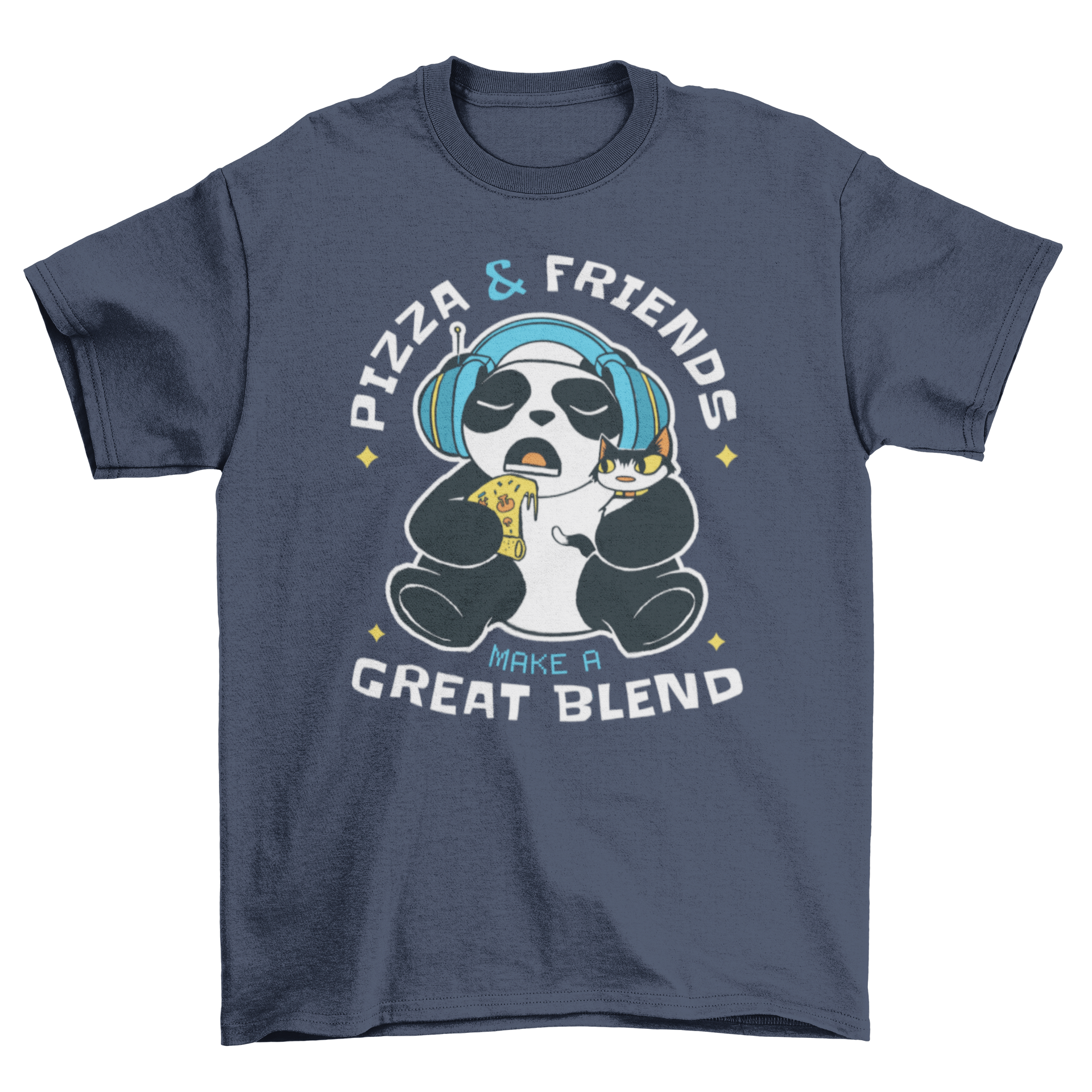 A playful t-shirt featuring a panda with headphones, holding a kitten and eating pizza, with the quote 'Pizza & friends make a great blend'.