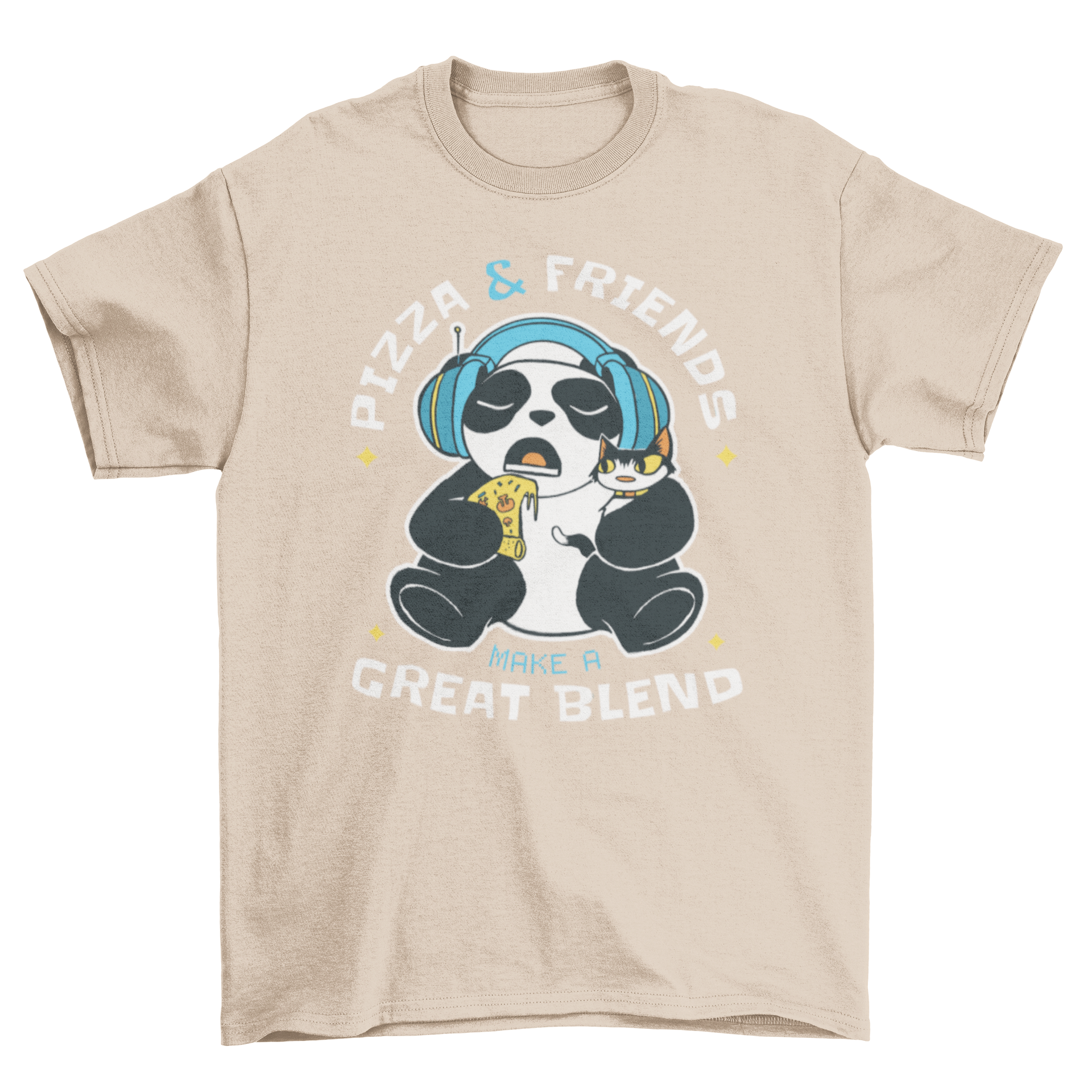 A playful t-shirt featuring a panda with headphones, holding a kitten and eating pizza, with the quote 'Pizza & friends make a great blend'.