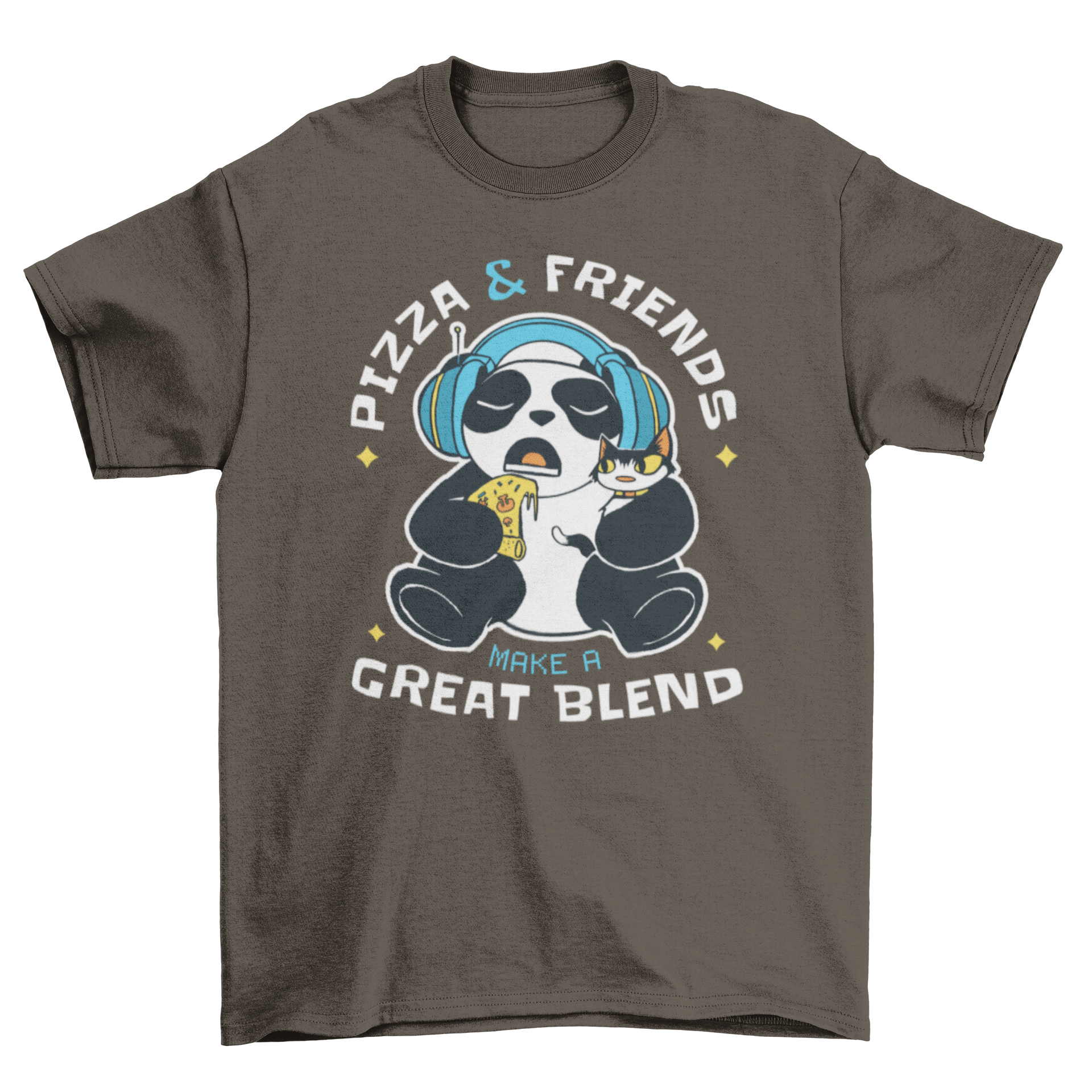 A playful t-shirt featuring a panda with headphones, holding a kitten and eating pizza, with the quote 'Pizza & friends make a great blend'.