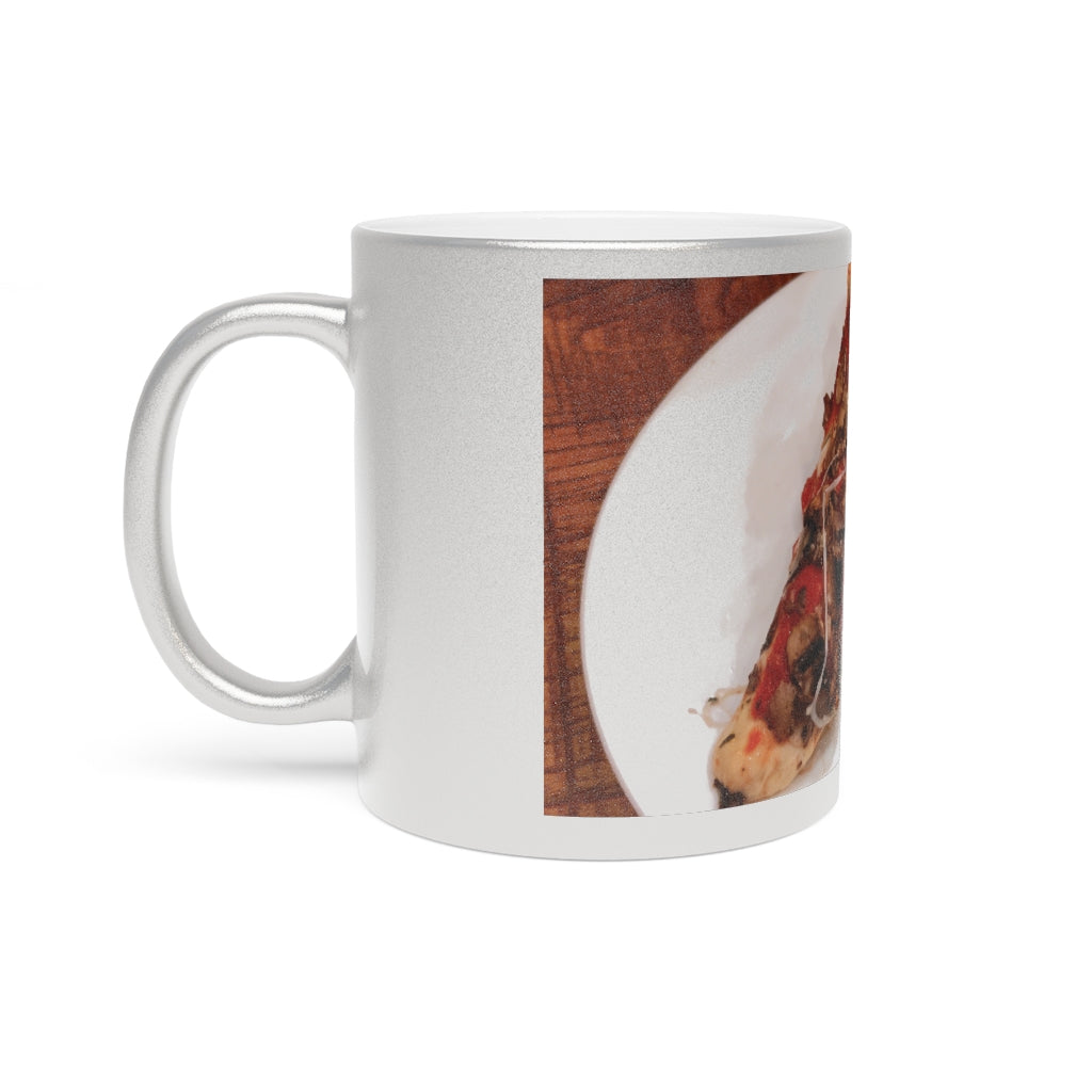 A stylish Pizza and Plate Metallic Mug in Silver and Gold finishes, showcasing personalized designs on both sides.