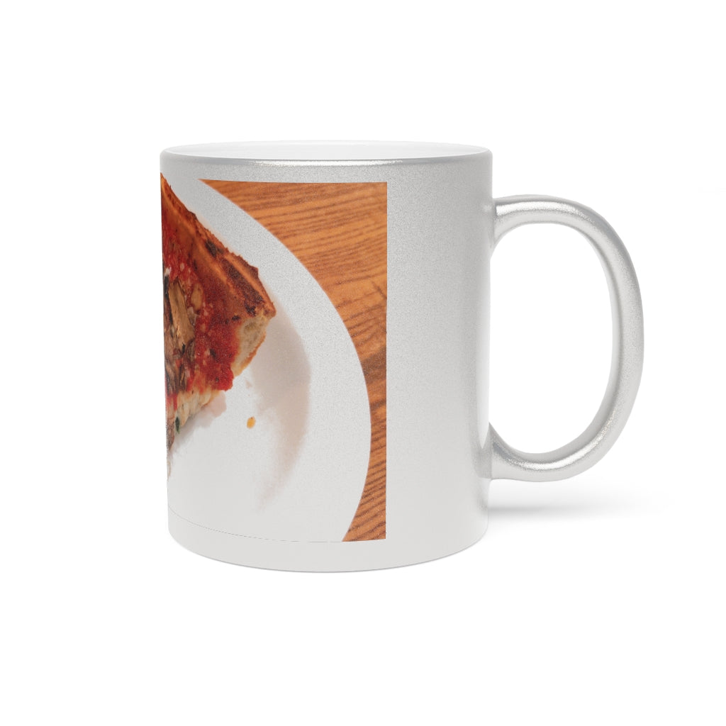 A stylish Pizza and Plate Metallic Mug in Silver and Gold finishes, showcasing personalized designs on both sides.