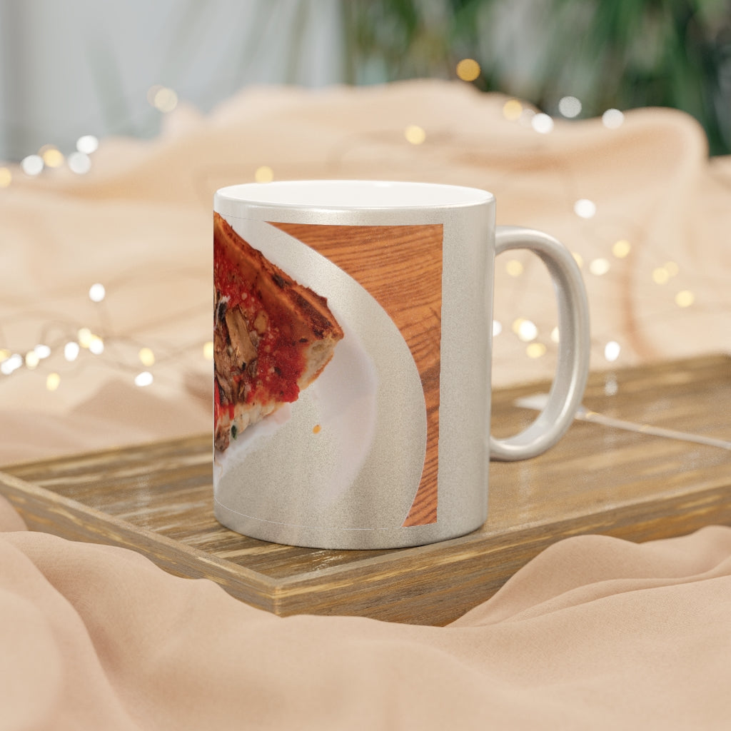 A stylish Pizza and Plate Metallic Mug in Silver and Gold finishes, showcasing personalized designs on both sides.