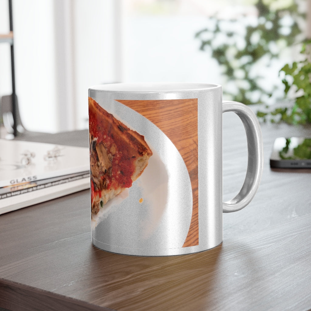 A stylish Pizza and Plate Metallic Mug in Silver and Gold finishes, showcasing personalized designs on both sides.