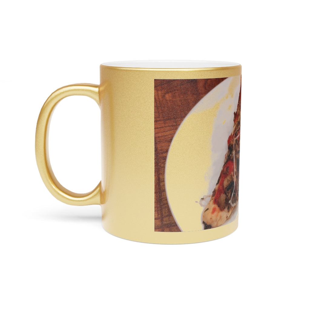 A stylish Pizza and Plate Metallic Mug in Silver and Gold finishes, showcasing personalized designs on both sides.