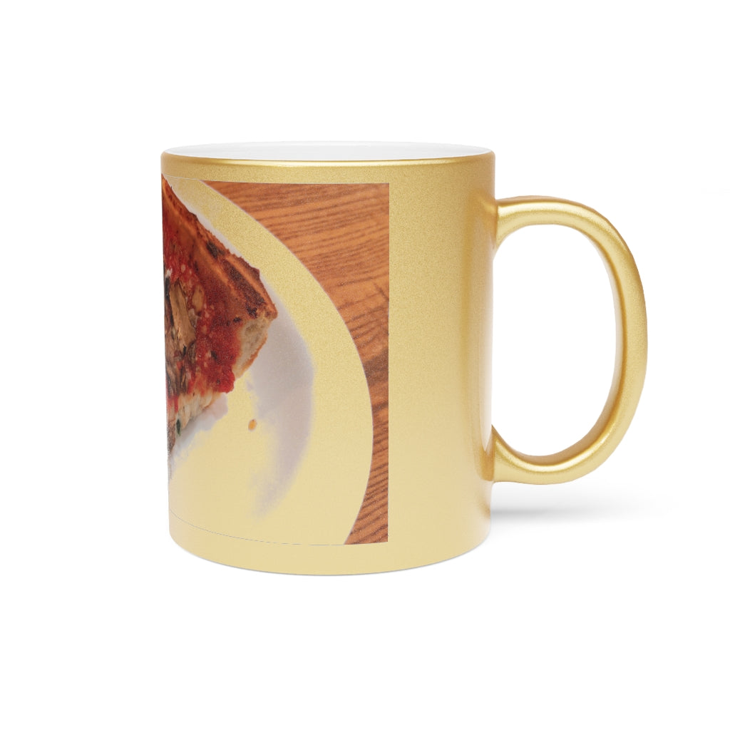 A stylish Pizza and Plate Metallic Mug in Silver and Gold finishes, showcasing personalized designs on both sides.