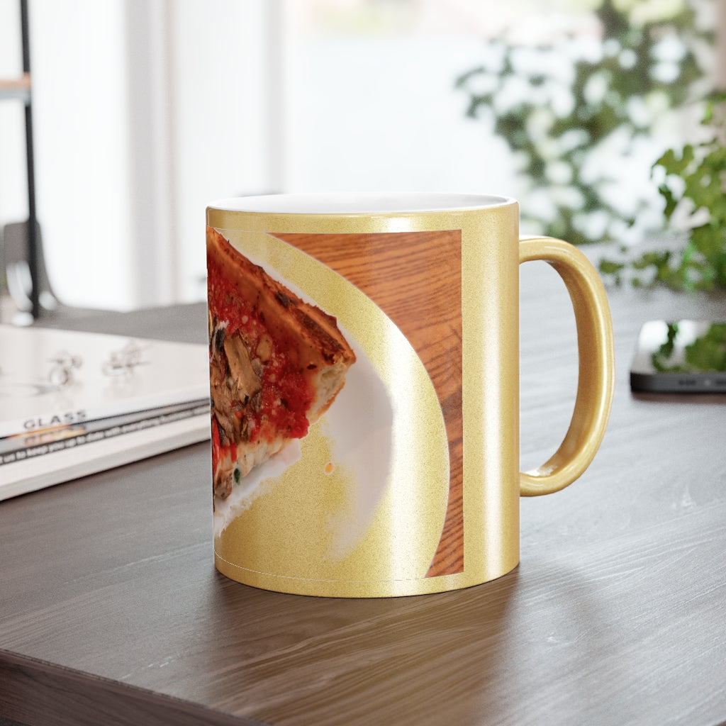 A stylish Pizza and Plate Metallic Mug in Silver and Gold finishes, showcasing personalized designs on both sides.