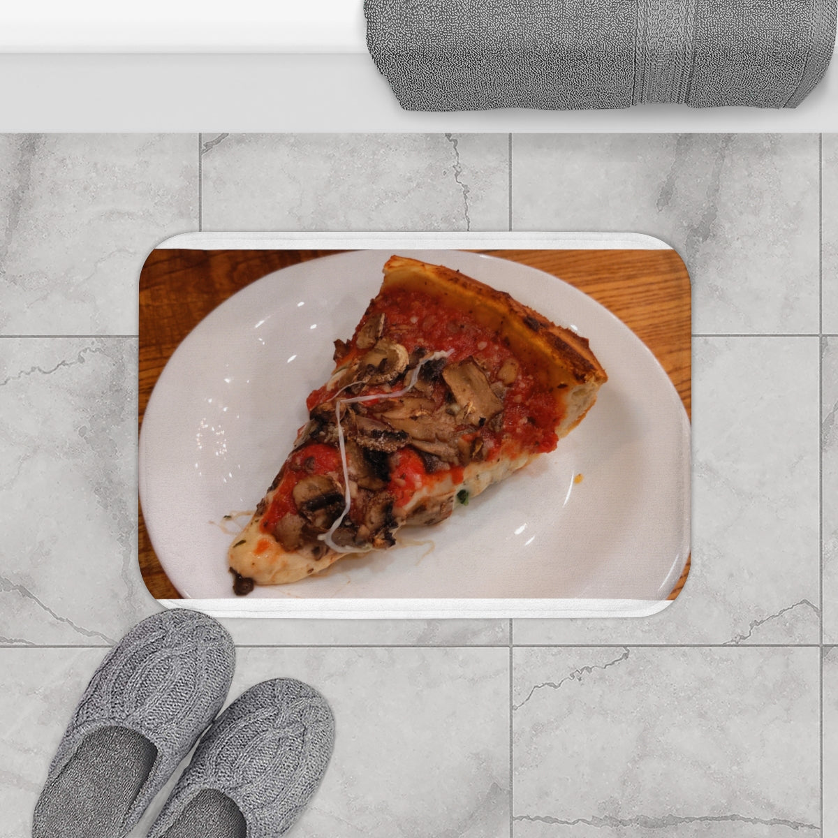 Colorful Pizza Bath Mat with anti-slip backing, perfect for bathroom decor.