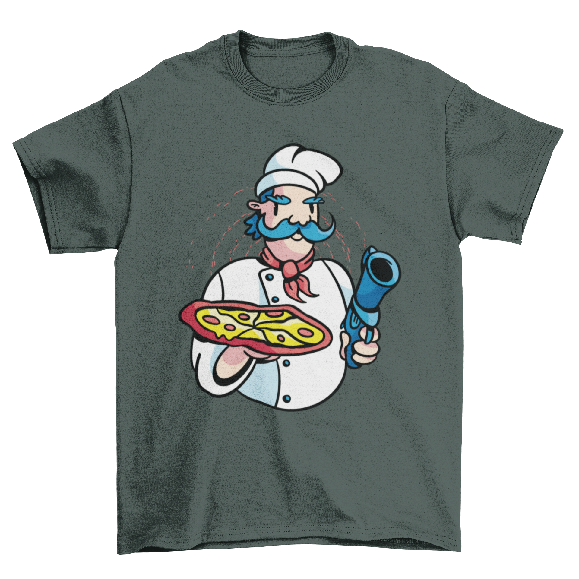 Pizza Chef Gun T-Shirt featuring a chef holding a pizza and a gun, showcasing a unique and playful design.