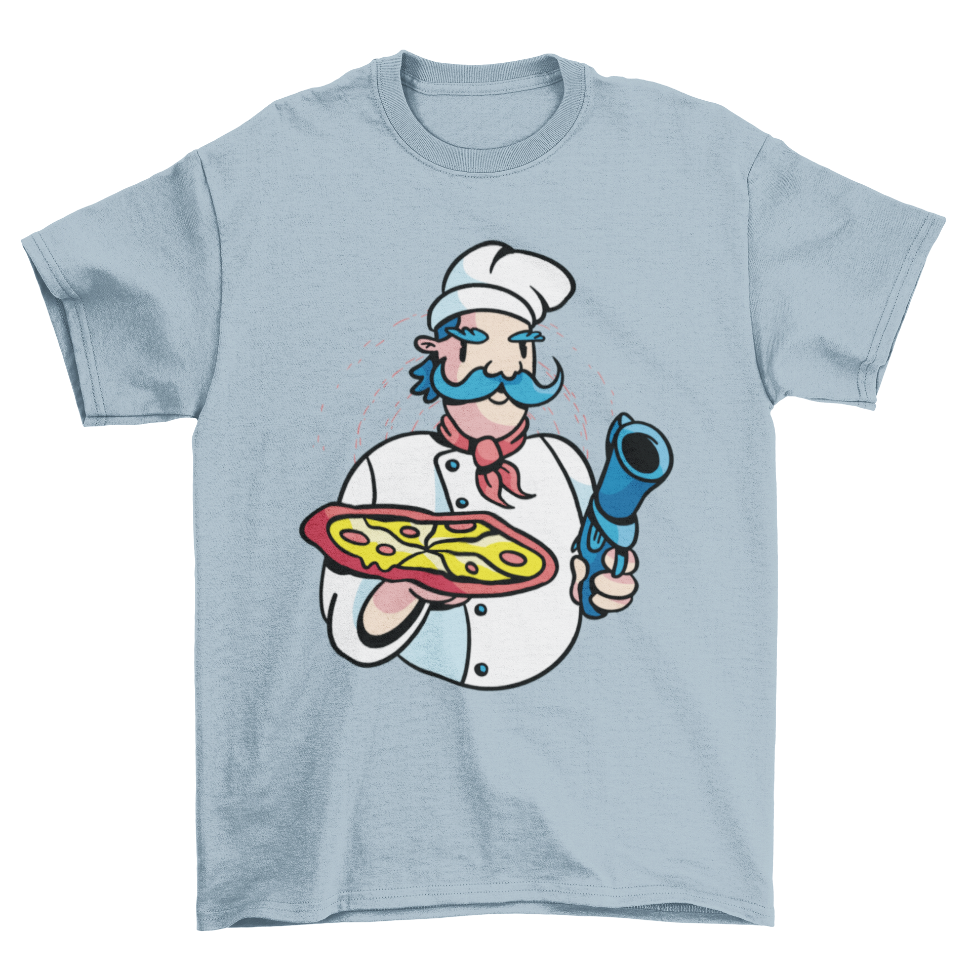 Pizza Chef Gun T-Shirt featuring a chef holding a pizza and a gun, showcasing a unique and playful design.