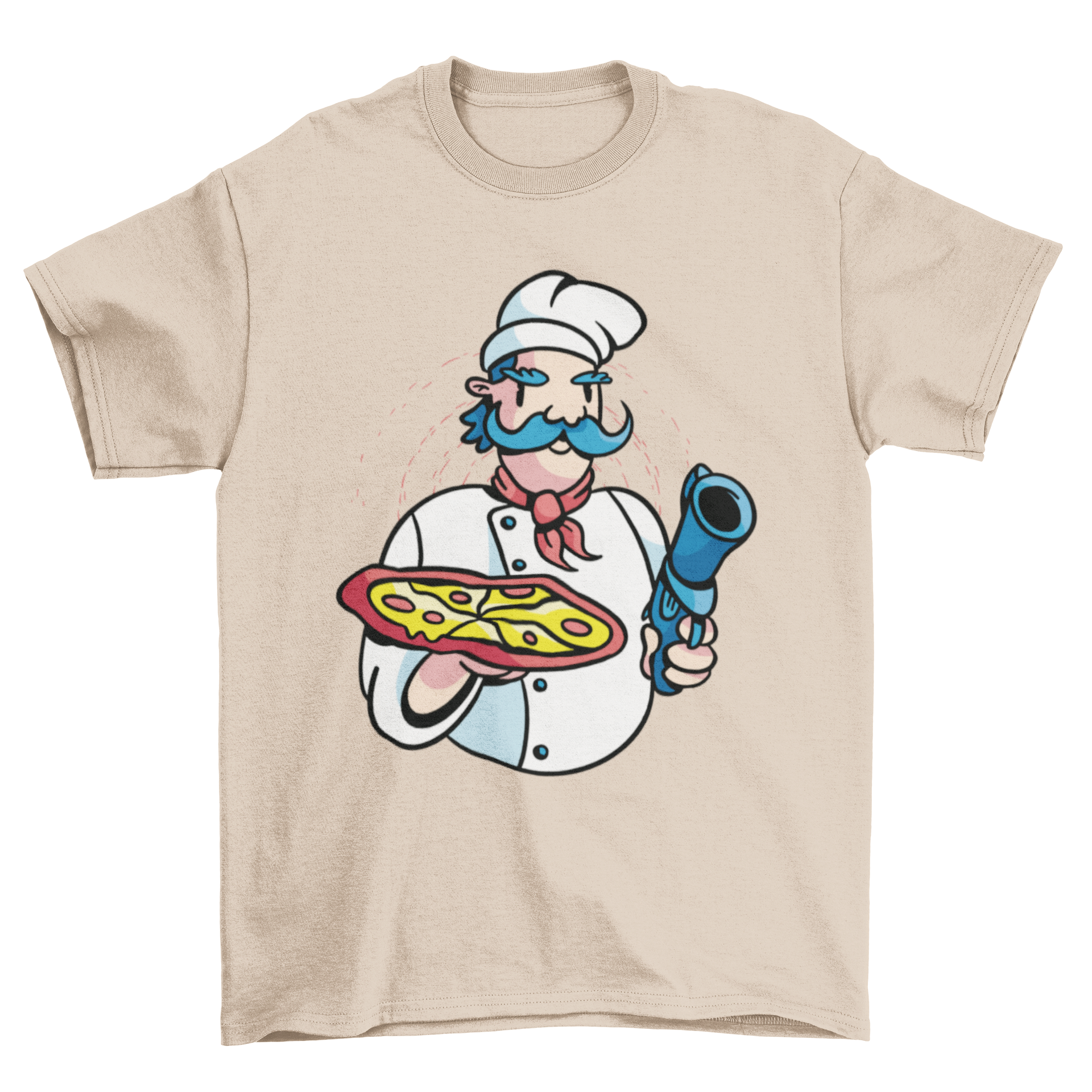 Pizza Chef Gun T-Shirt featuring a chef holding a pizza and a gun, showcasing a unique and playful design.