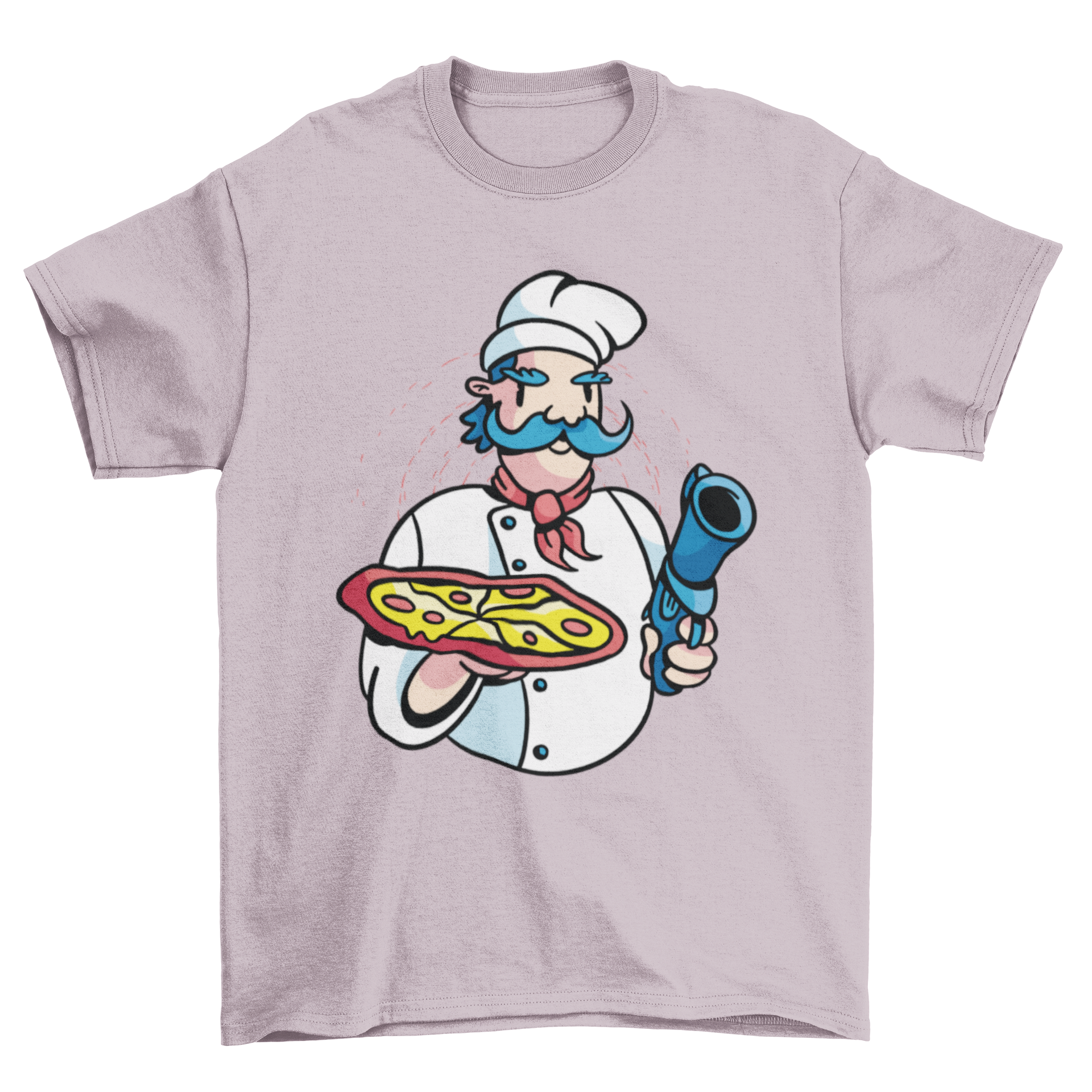 Pizza Chef Gun T-Shirt featuring a chef holding a pizza and a gun, showcasing a unique and playful design.