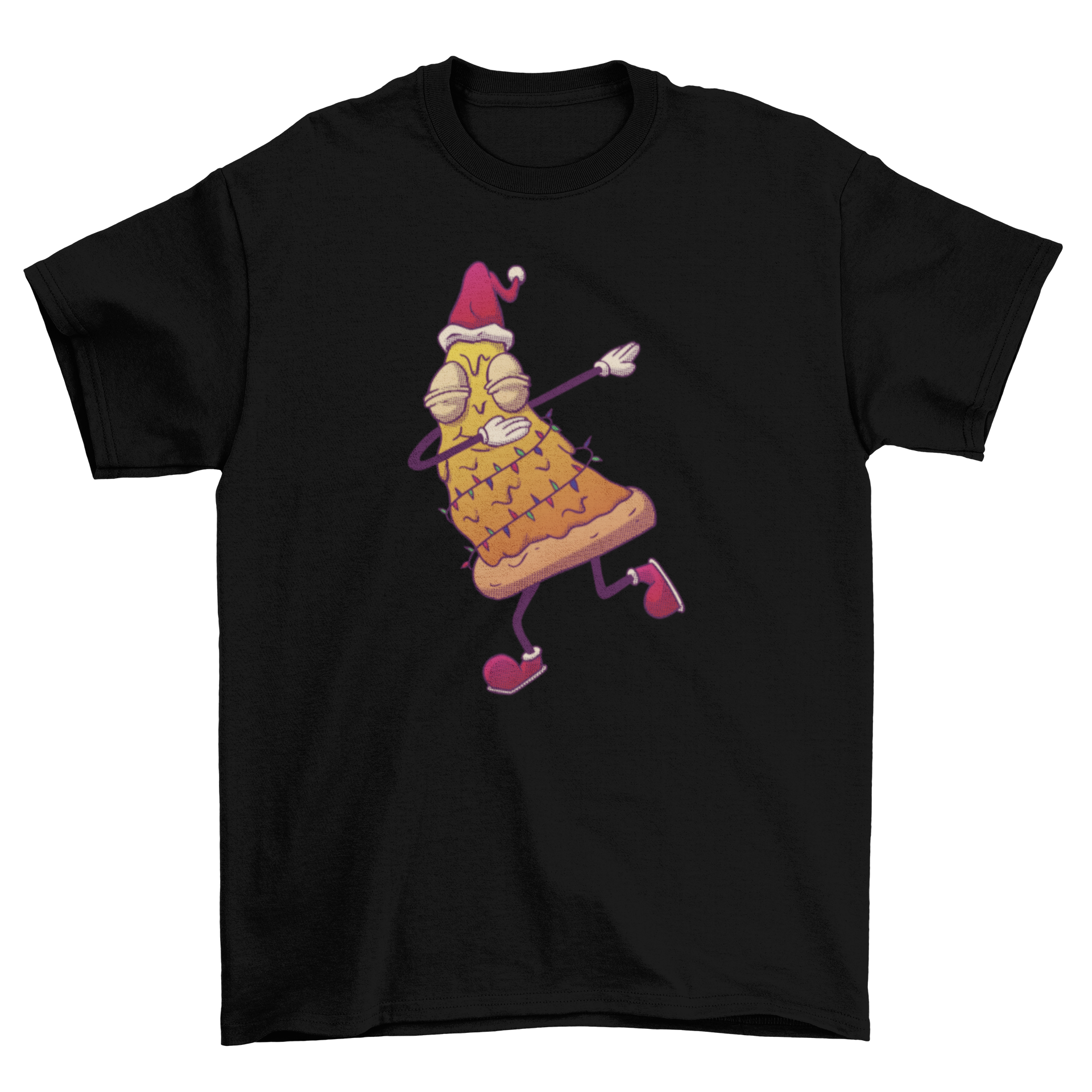 A humorous t-shirt featuring a pizza slice designed as a Christmas tree, dabbing in a festive pose.