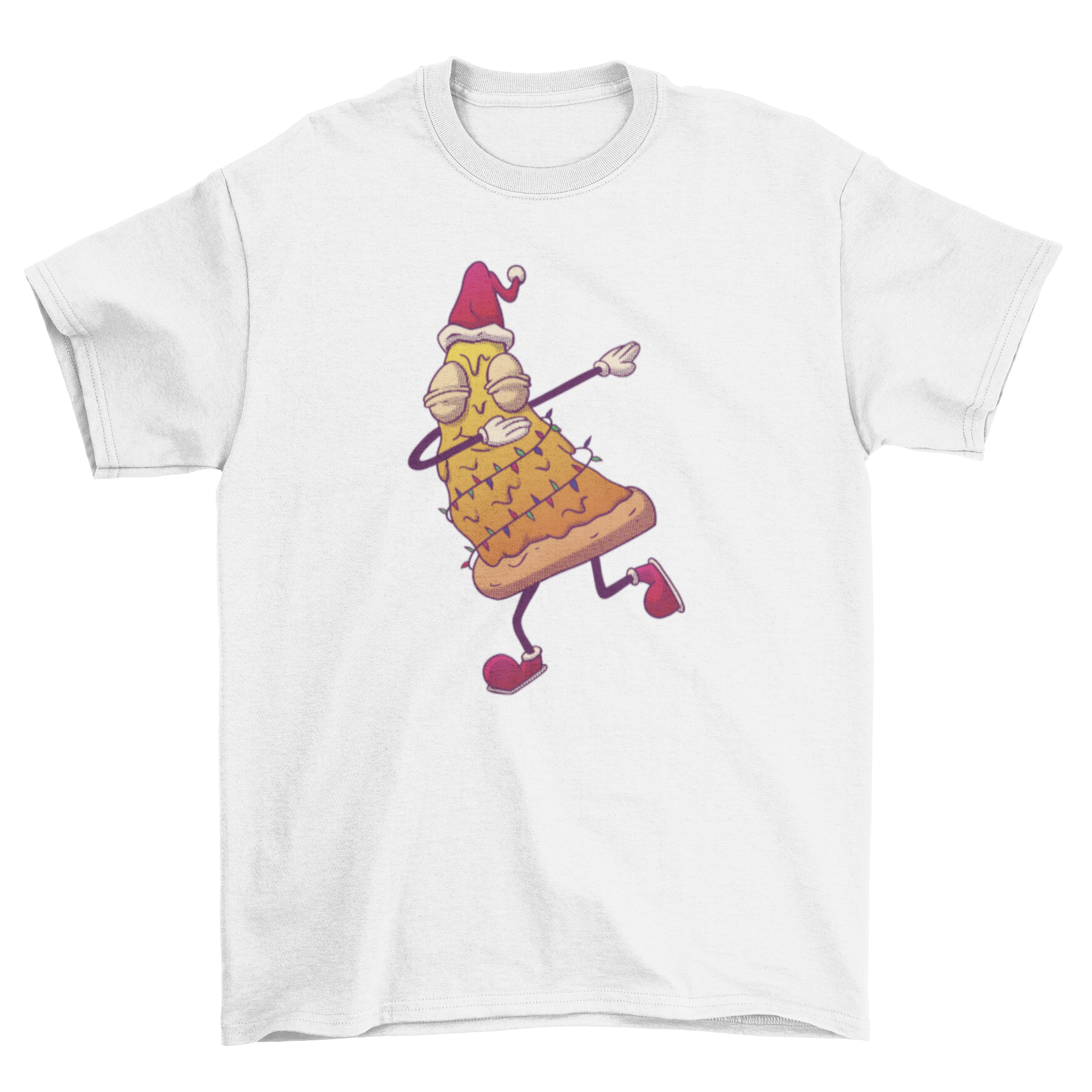 A humorous t-shirt featuring a pizza slice designed as a Christmas tree, dabbing in a festive pose.