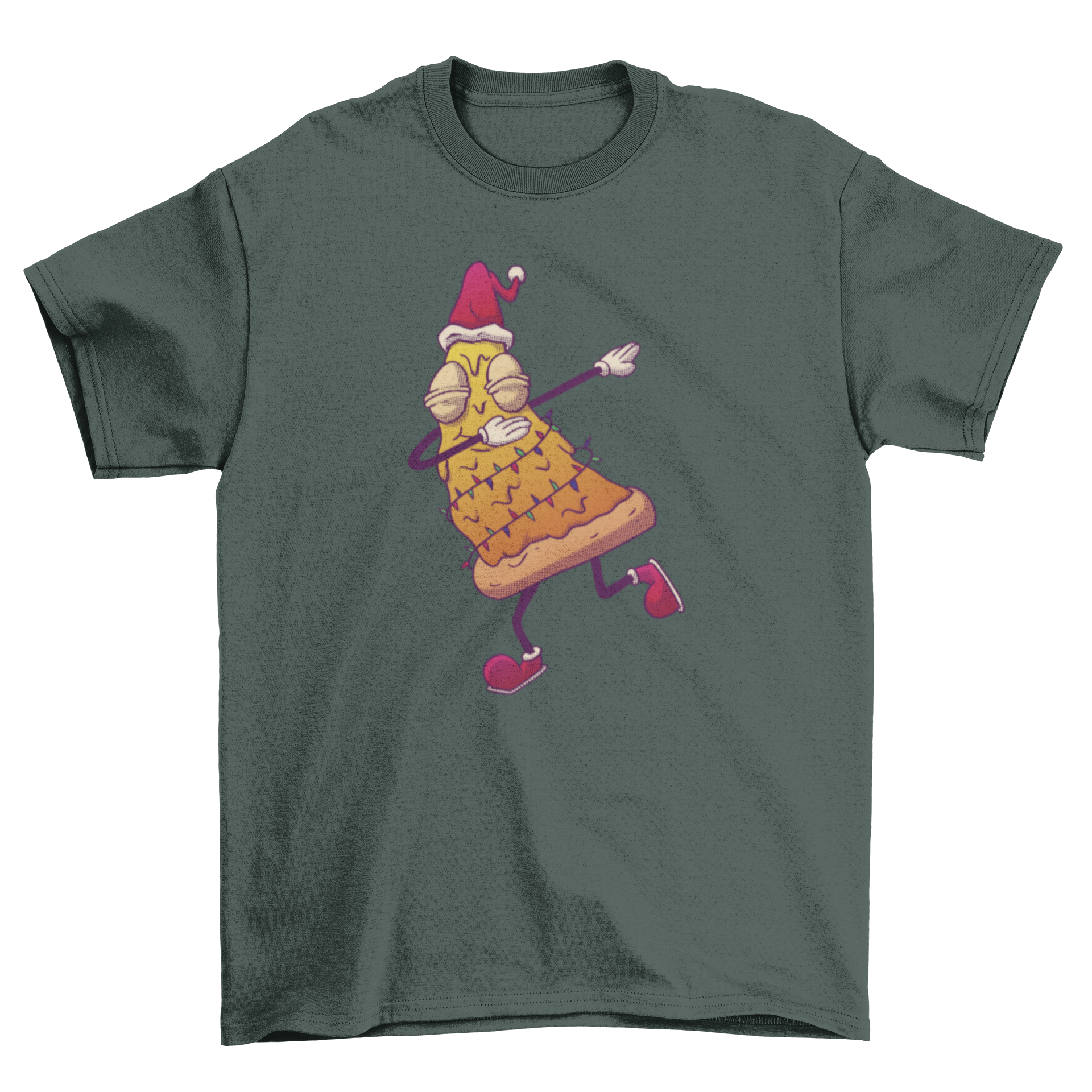 A humorous t-shirt featuring a pizza slice designed as a Christmas tree, dabbing in a festive pose.