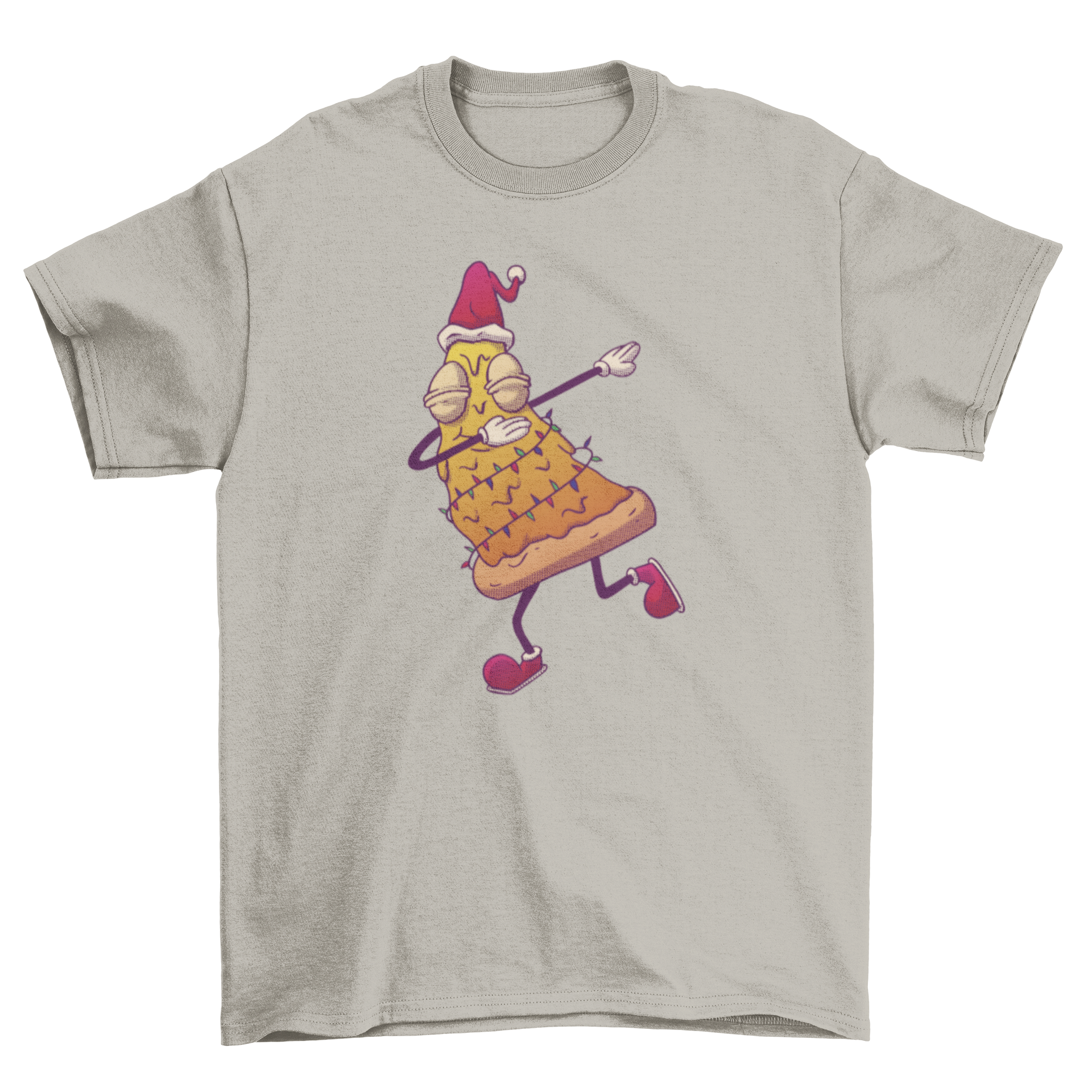 A humorous t-shirt featuring a pizza slice designed as a Christmas tree, dabbing in a festive pose.