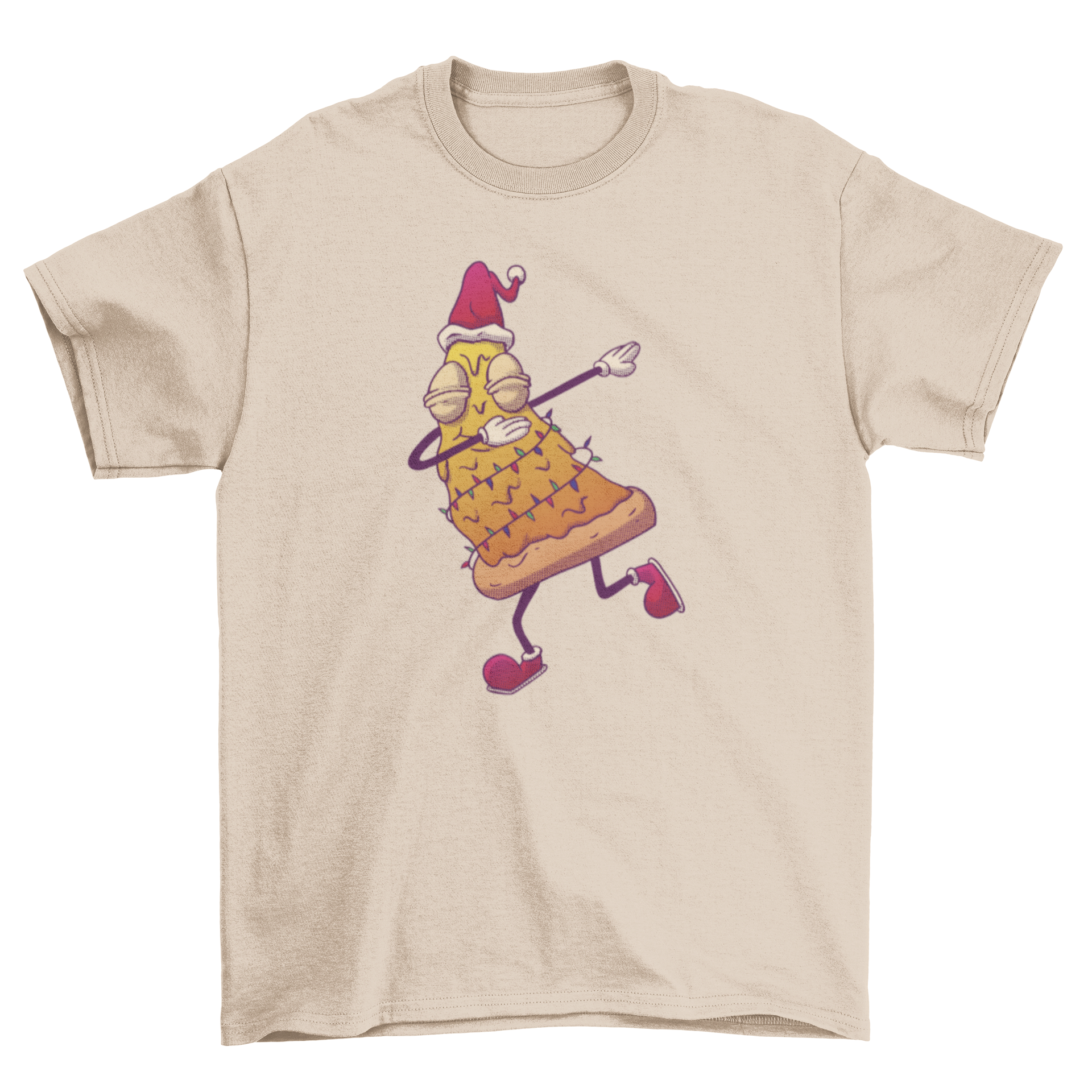 A humorous t-shirt featuring a pizza slice designed as a Christmas tree, dabbing in a festive pose.