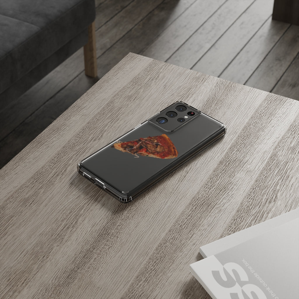 Pizza Clear Case showcasing a crystal clear design with cushioned TPU edges, protecting a smartphone.