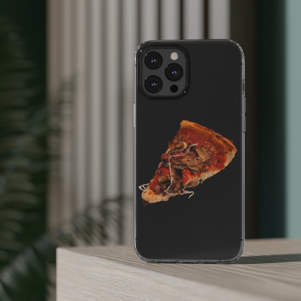 Pizza Clear Case showcasing a crystal clear design with cushioned TPU edges, protecting a smartphone.