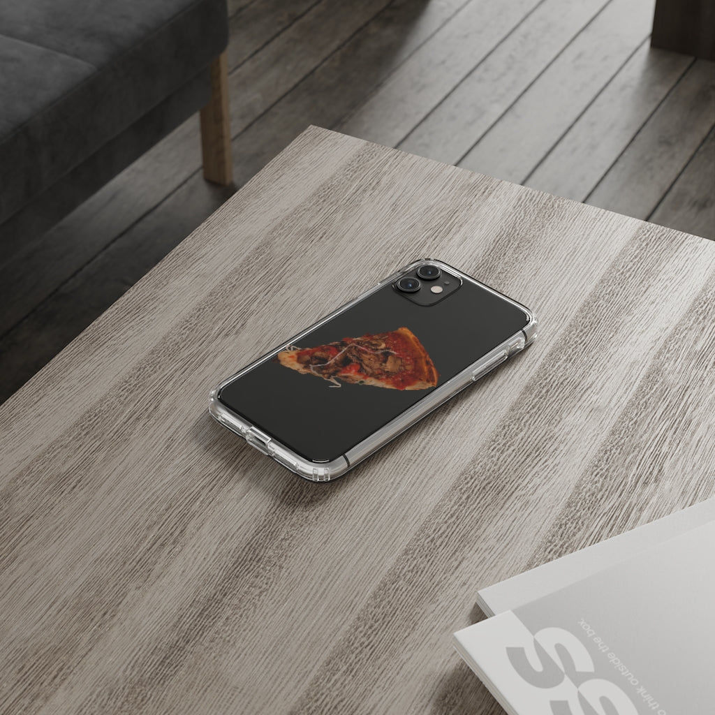 Pizza Clear Case showcasing a crystal clear design with cushioned TPU edges, protecting a smartphone.