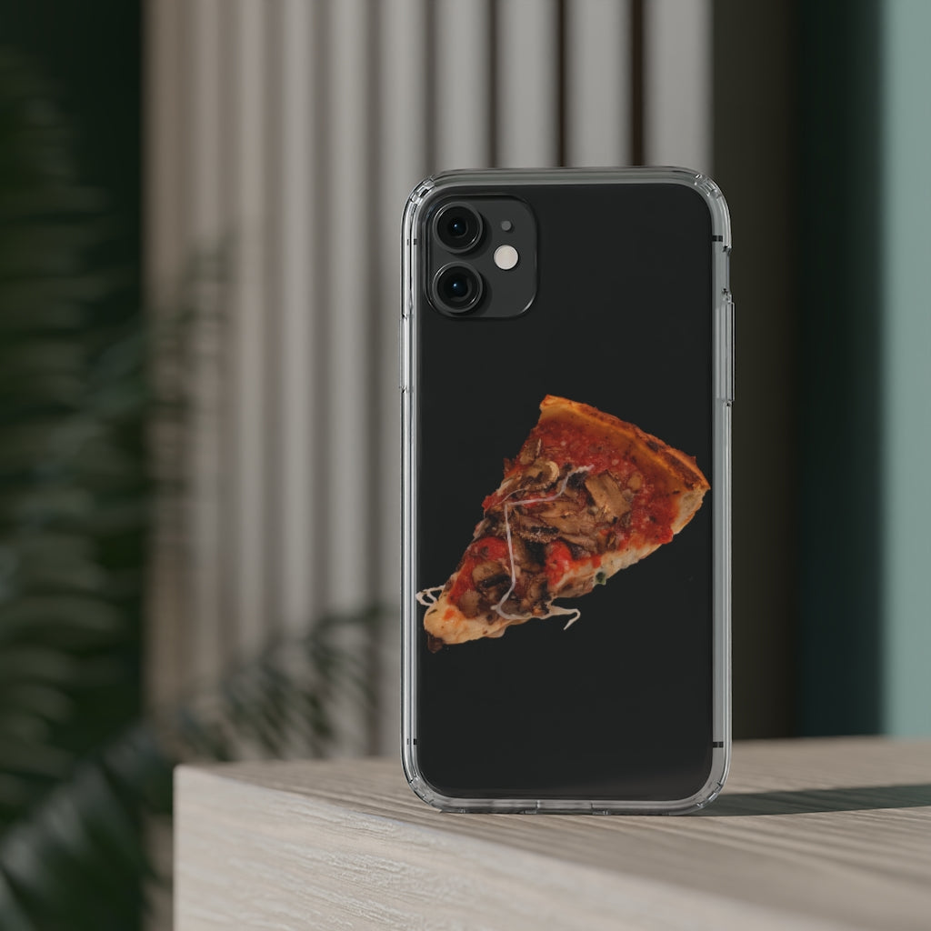 Pizza Clear Case showcasing a crystal clear design with cushioned TPU edges, protecting a smartphone.