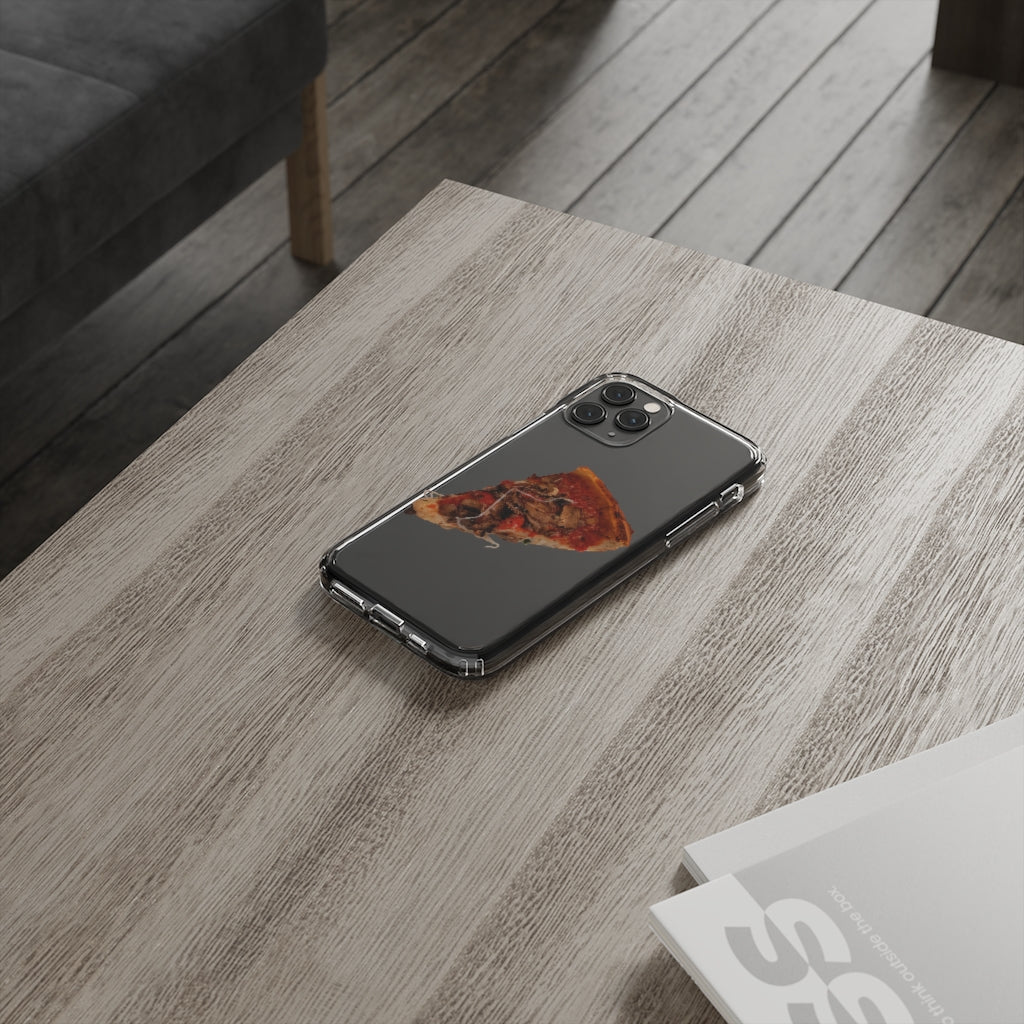 Pizza Clear Case showcasing a crystal clear design with cushioned TPU edges, protecting a smartphone.