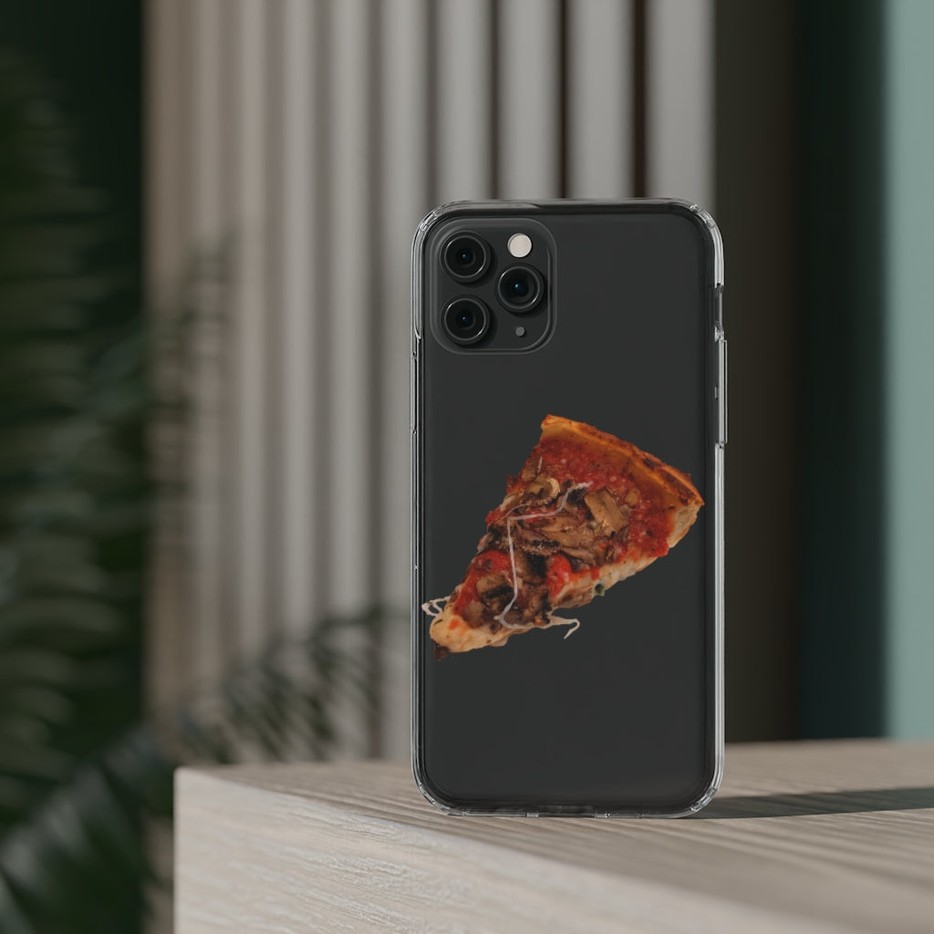 Pizza Clear Case showcasing a crystal clear design with cushioned TPU edges, protecting a smartphone.