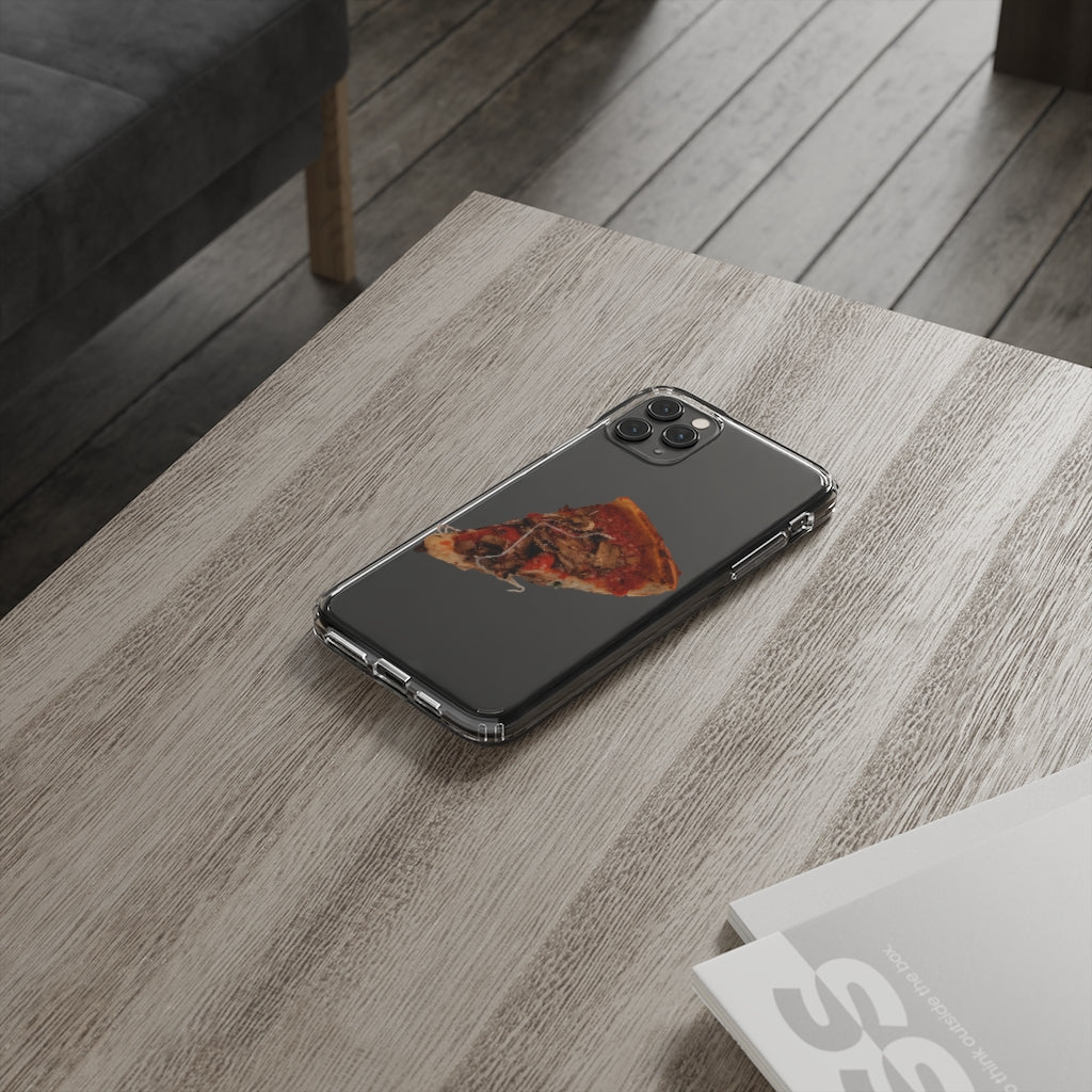 Pizza Clear Case showcasing a crystal clear design with cushioned TPU edges, protecting a smartphone.