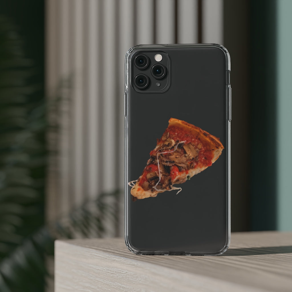 Pizza Clear Case showcasing a crystal clear design with cushioned TPU edges, protecting a smartphone.