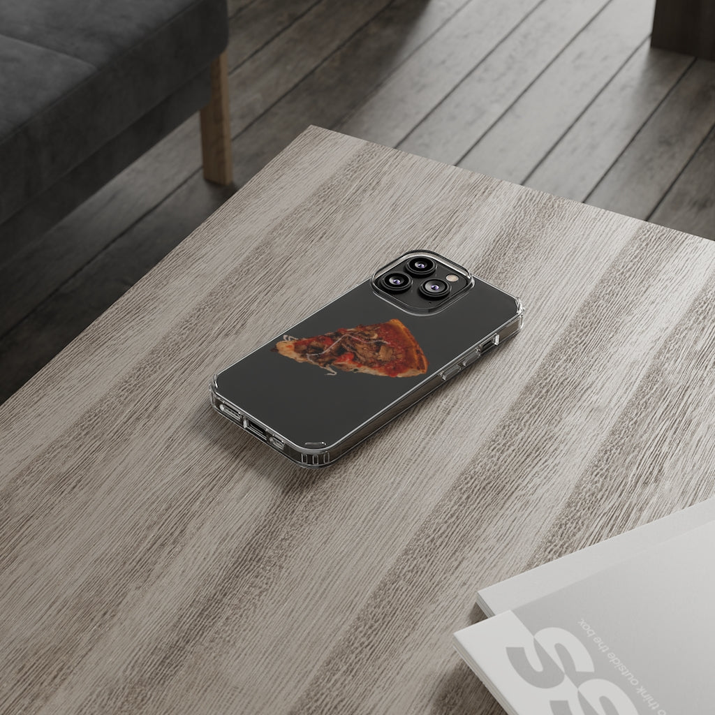 Pizza Clear Case showcasing a crystal clear design with cushioned TPU edges, protecting a smartphone.