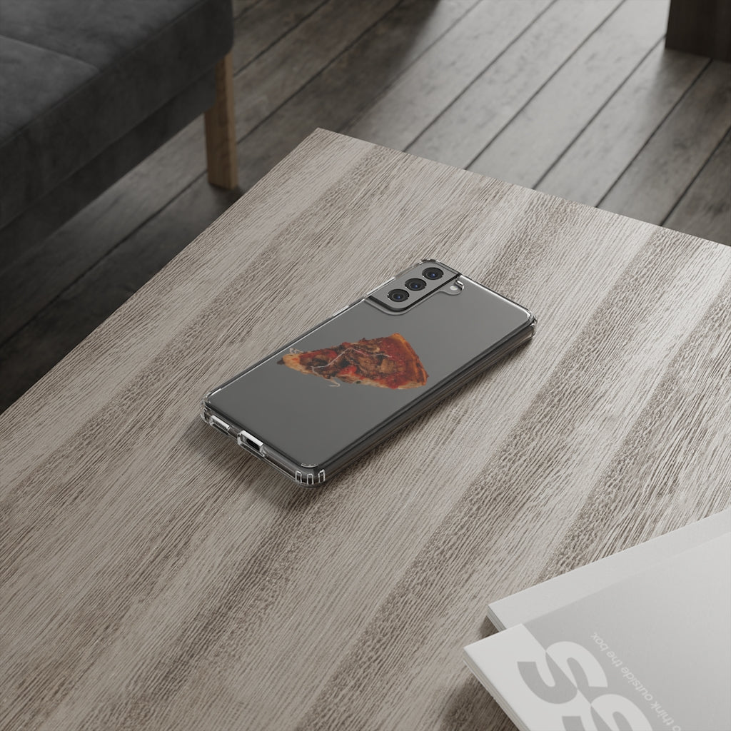 Pizza Clear Case showcasing a crystal clear design with cushioned TPU edges, protecting a smartphone.