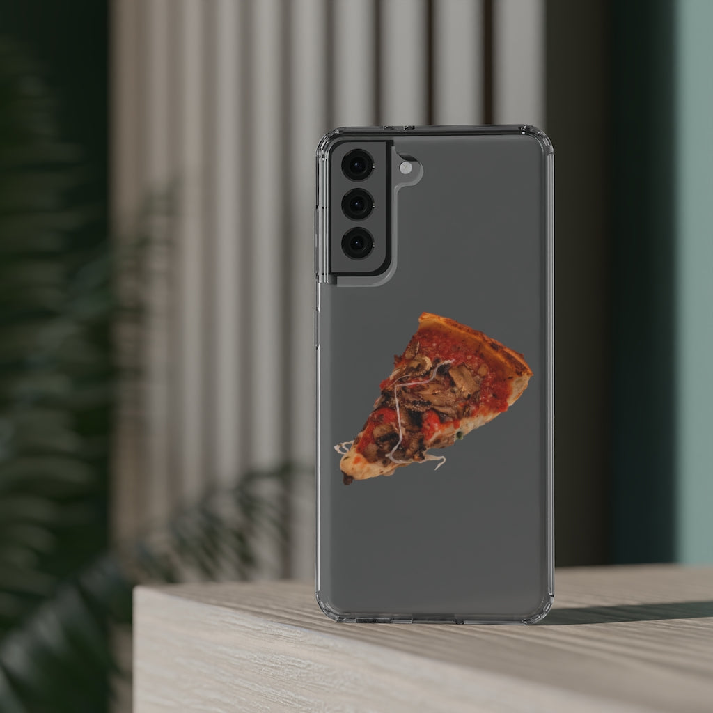 Pizza Clear Case showcasing a crystal clear design with cushioned TPU edges, protecting a smartphone.