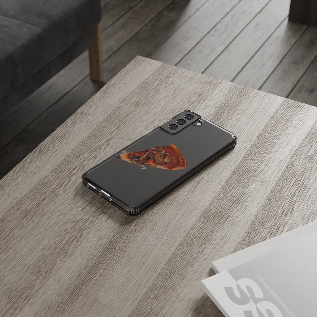 Pizza Clear Case showcasing a crystal clear design with cushioned TPU edges, protecting a smartphone.