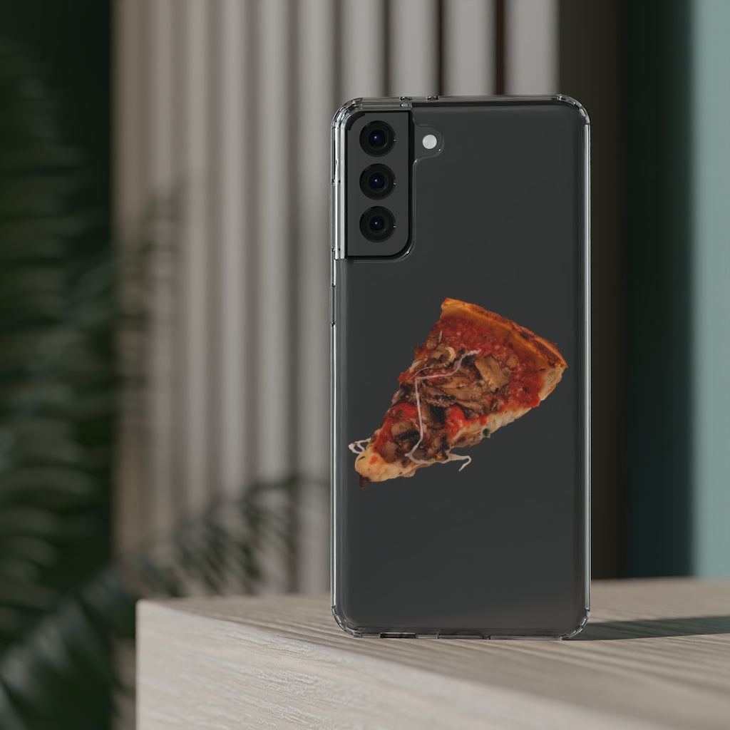 Pizza Clear Case showcasing a crystal clear design with cushioned TPU edges, protecting a smartphone.