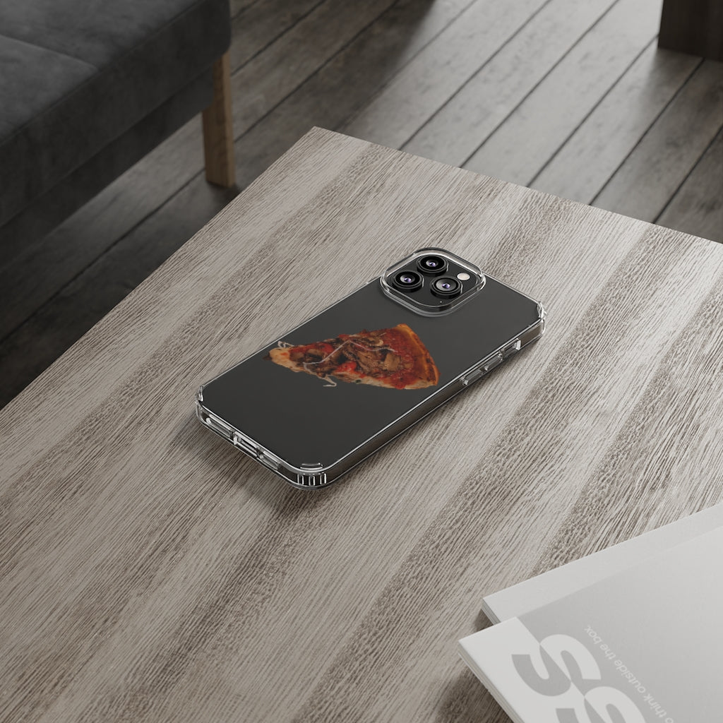 Pizza Clear Case showcasing a crystal clear design with cushioned TPU edges, protecting a smartphone.