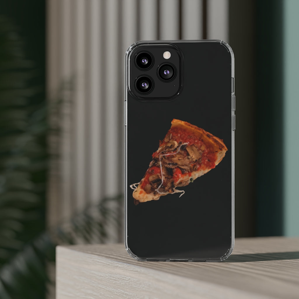 Pizza Clear Case showcasing a crystal clear design with cushioned TPU edges, protecting a smartphone.