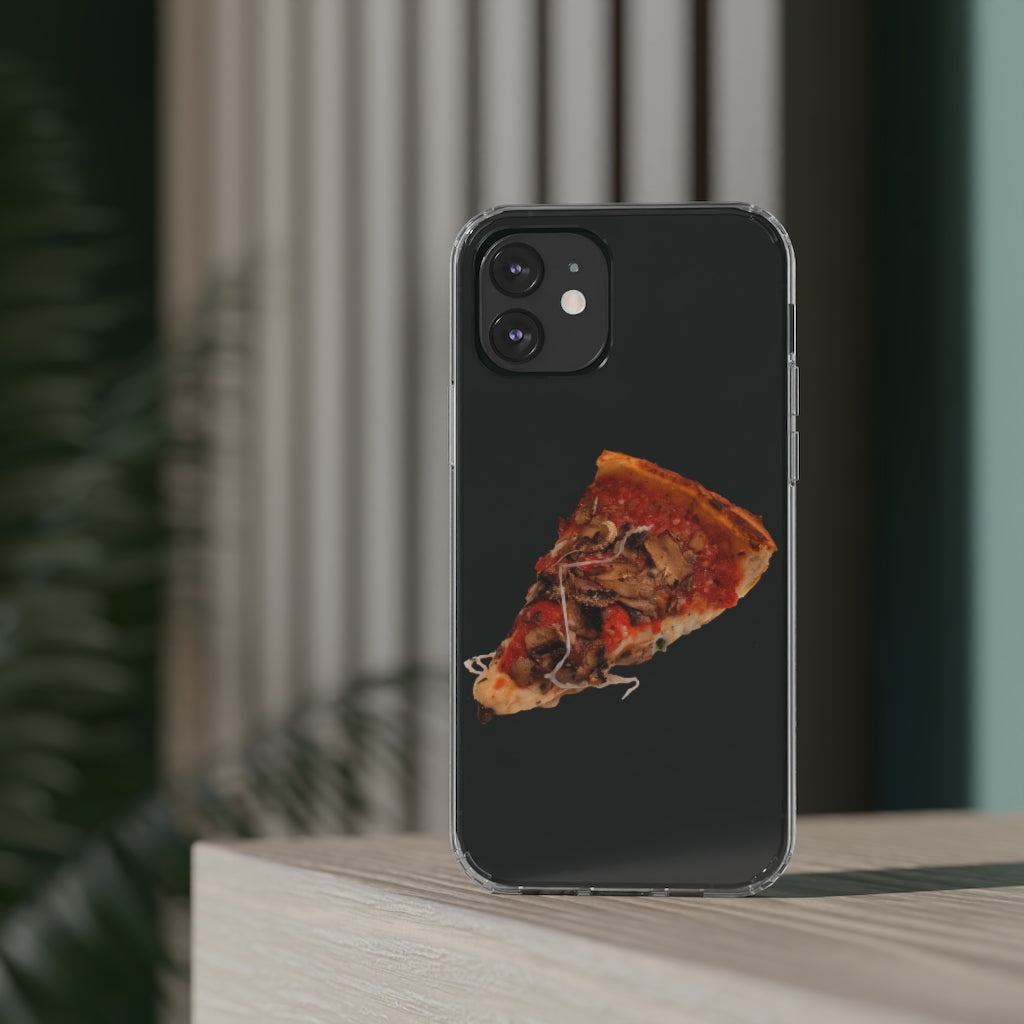 Pizza Clear Case showcasing a crystal clear design with cushioned TPU edges, protecting a smartphone.