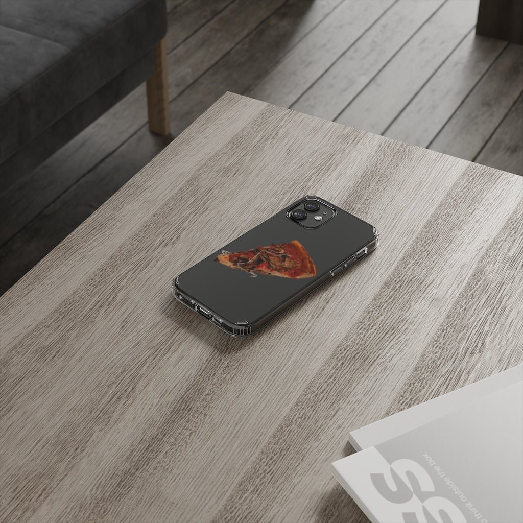 Pizza Clear Case showcasing a crystal clear design with cushioned TPU edges, protecting a smartphone.