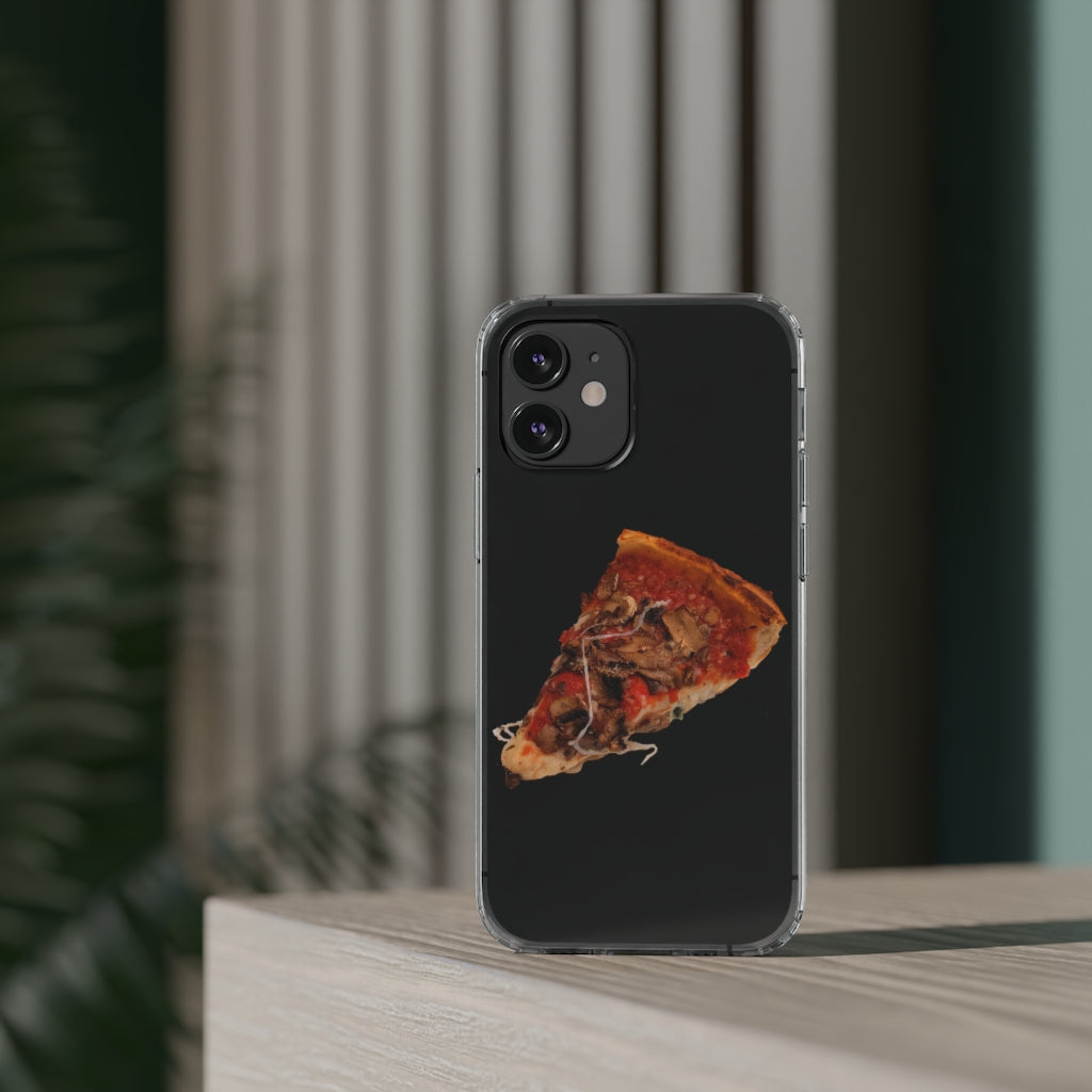 Pizza Clear Case showcasing a crystal clear design with cushioned TPU edges, protecting a smartphone.