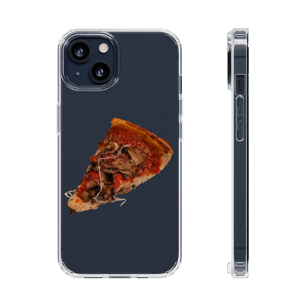 Pizza Clear Case showcasing a crystal clear design with cushioned TPU edges, protecting a smartphone.