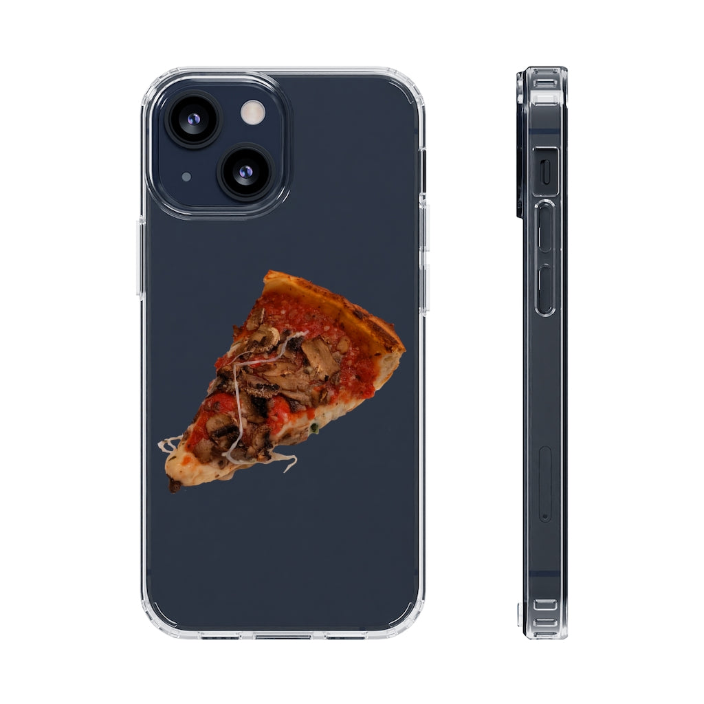 Pizza Clear Case showcasing a crystal clear design with cushioned TPU edges, protecting a smartphone.