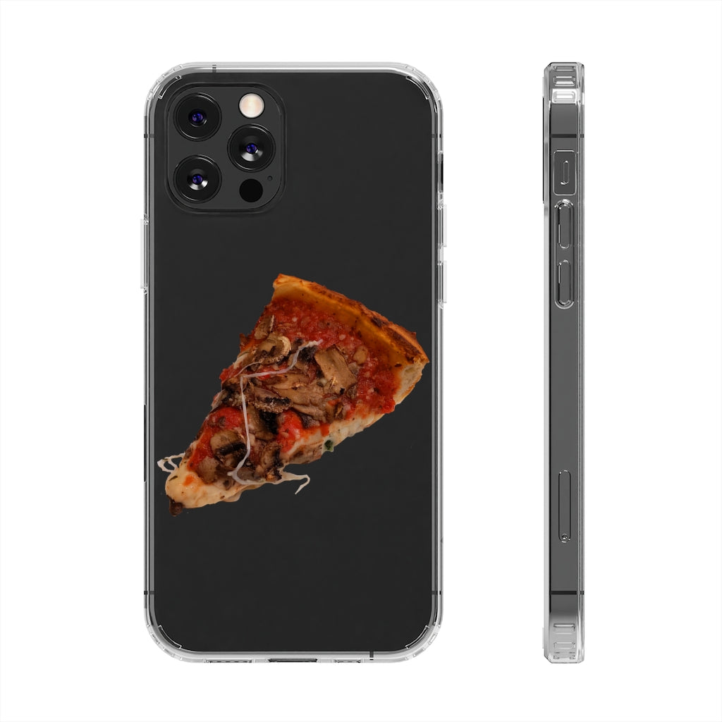 Pizza Clear Case showcasing a crystal clear design with cushioned TPU edges, protecting a smartphone.