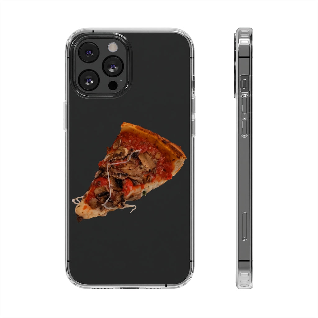 Pizza Clear Case showcasing a crystal clear design with cushioned TPU edges, protecting a smartphone.